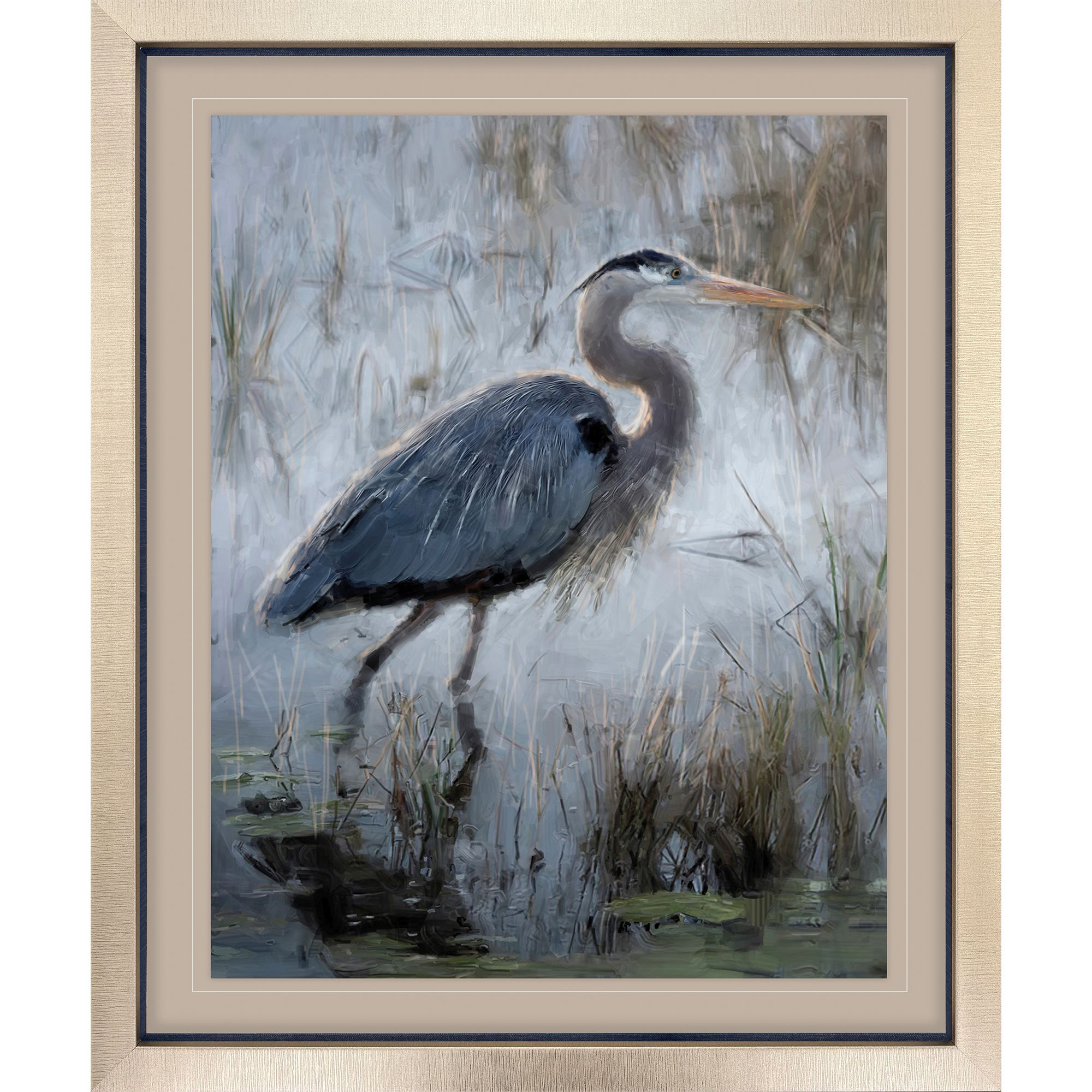 Heron at Guard I Blue and Green and Brown Framed Art