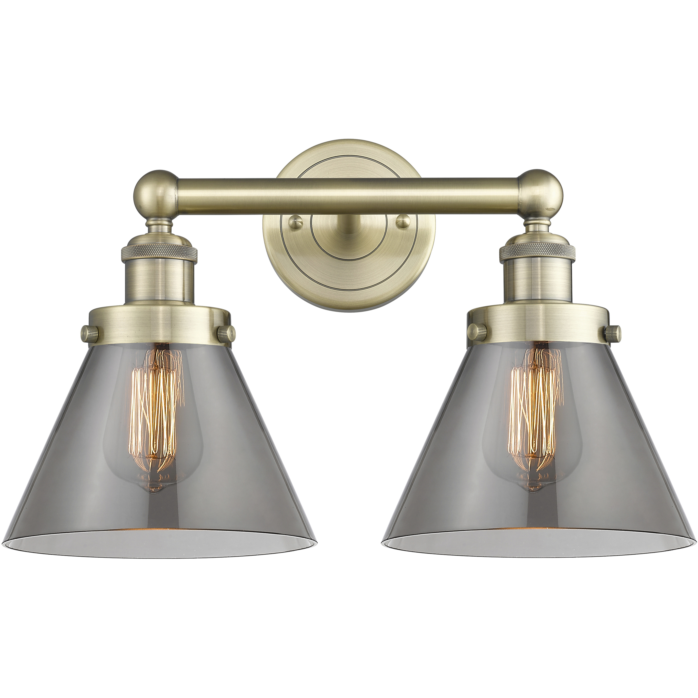 Cone 2 Light 15.5 inch Antique Brass Bath Vanity Light Wall Light in Light Smoke Glass