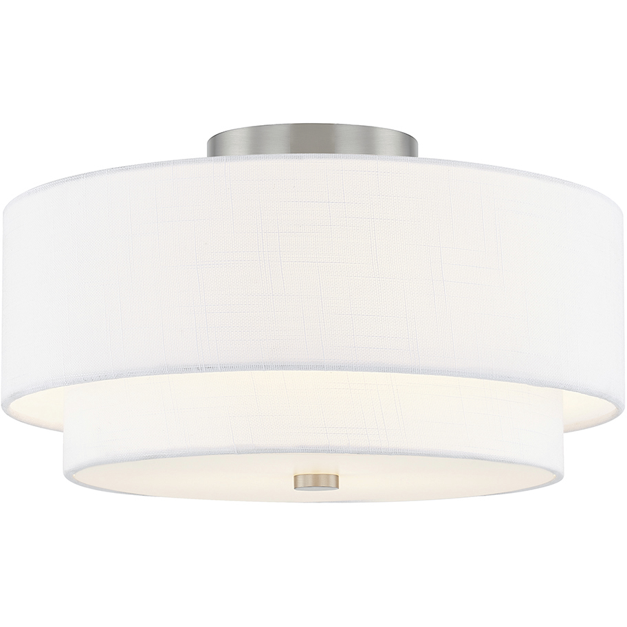 Textile Collection 3 Light 15 inch Brushed Nickel Semi Flush Ceiling Light in White, Classic Family