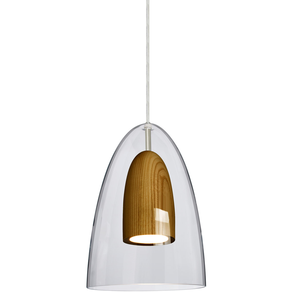 Dano LED Satin Nickel Pendant Ceiling Light in Clear With Medium Wood Glass