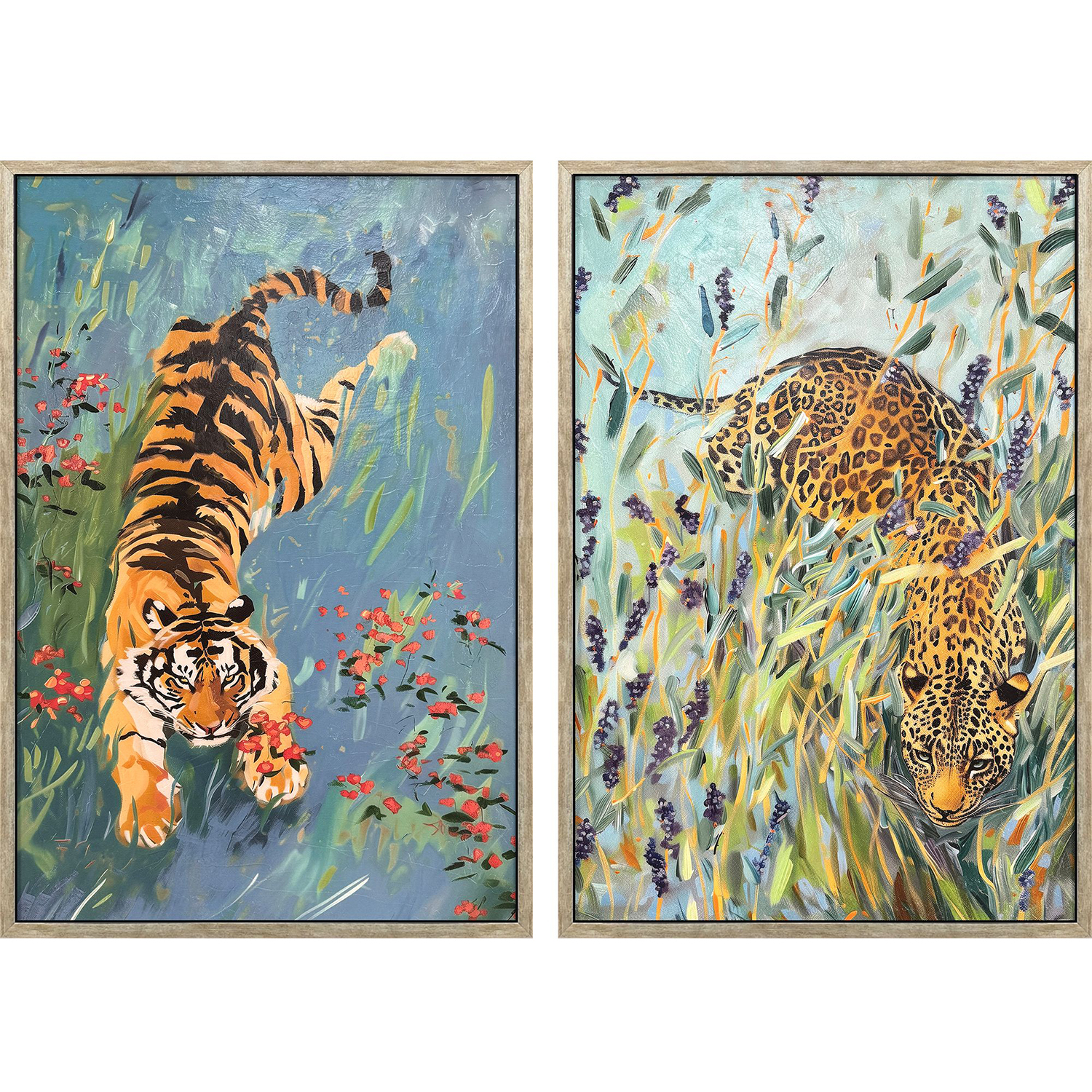 Tiger/Leopard Orange and Blue and Green and Multi Framed Art