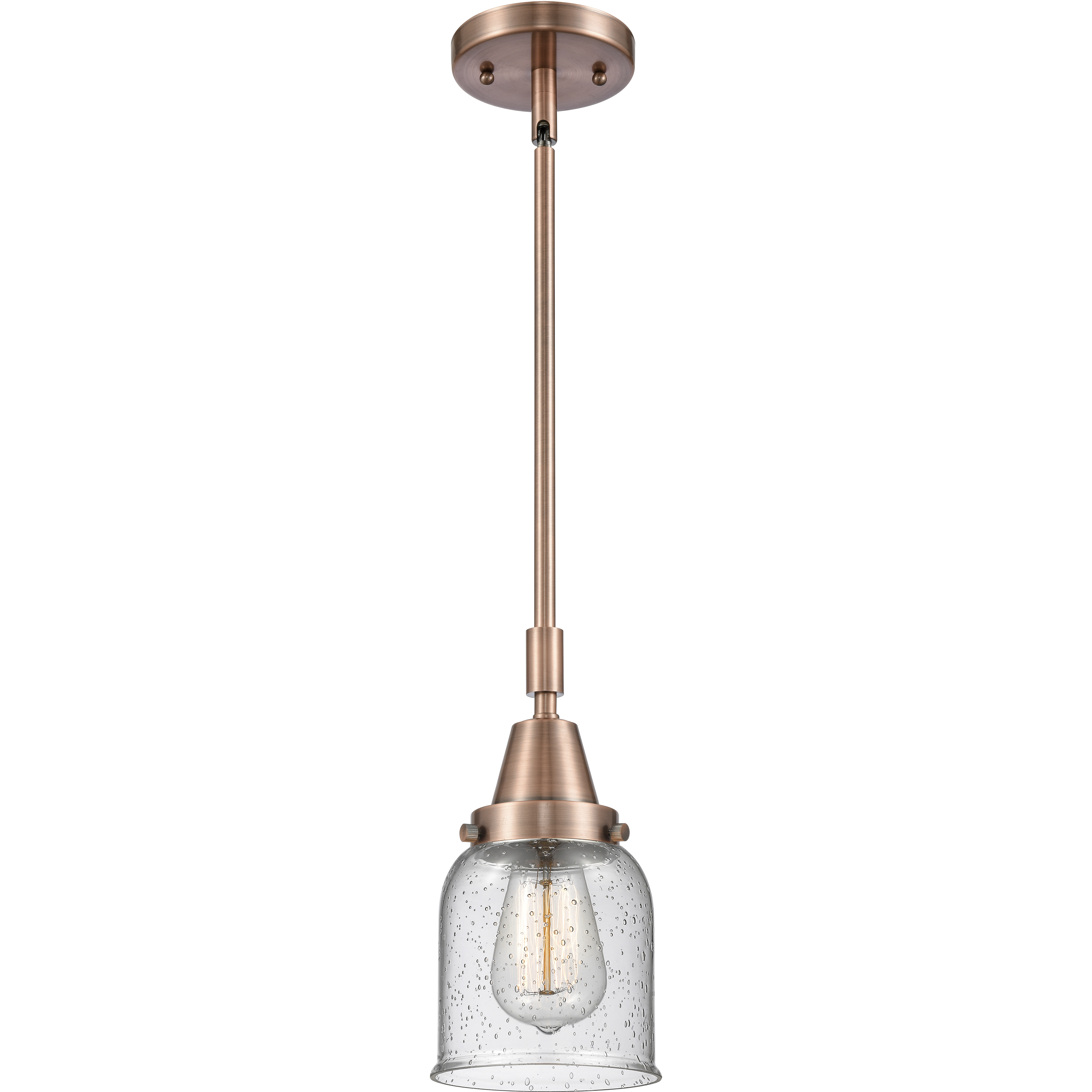 Franklin Restoration Small Bell LED 5 inch Antique Copper Mini Pendant Ceiling Light in Seedy Glass