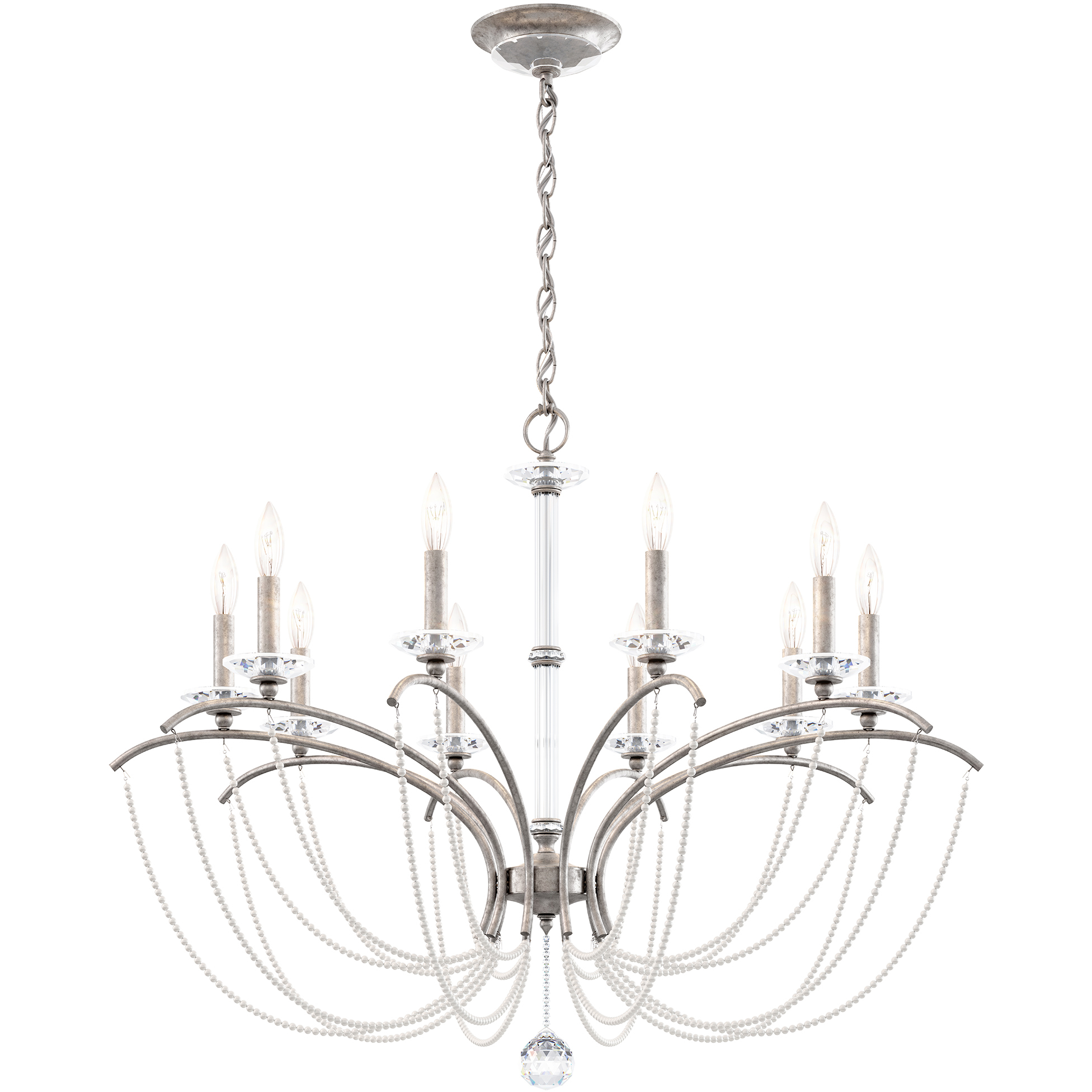Priscilla 10 Light Antique Silver Chandelier Ceiling Light in White Pearl, Adjustable Height