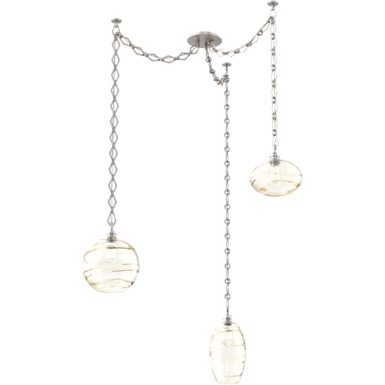 Misto 3 Light 15.5 inch Beige Silver Swag Multi-Pendant Ceiling Light in Optic Rib Amber, Diamond Chain