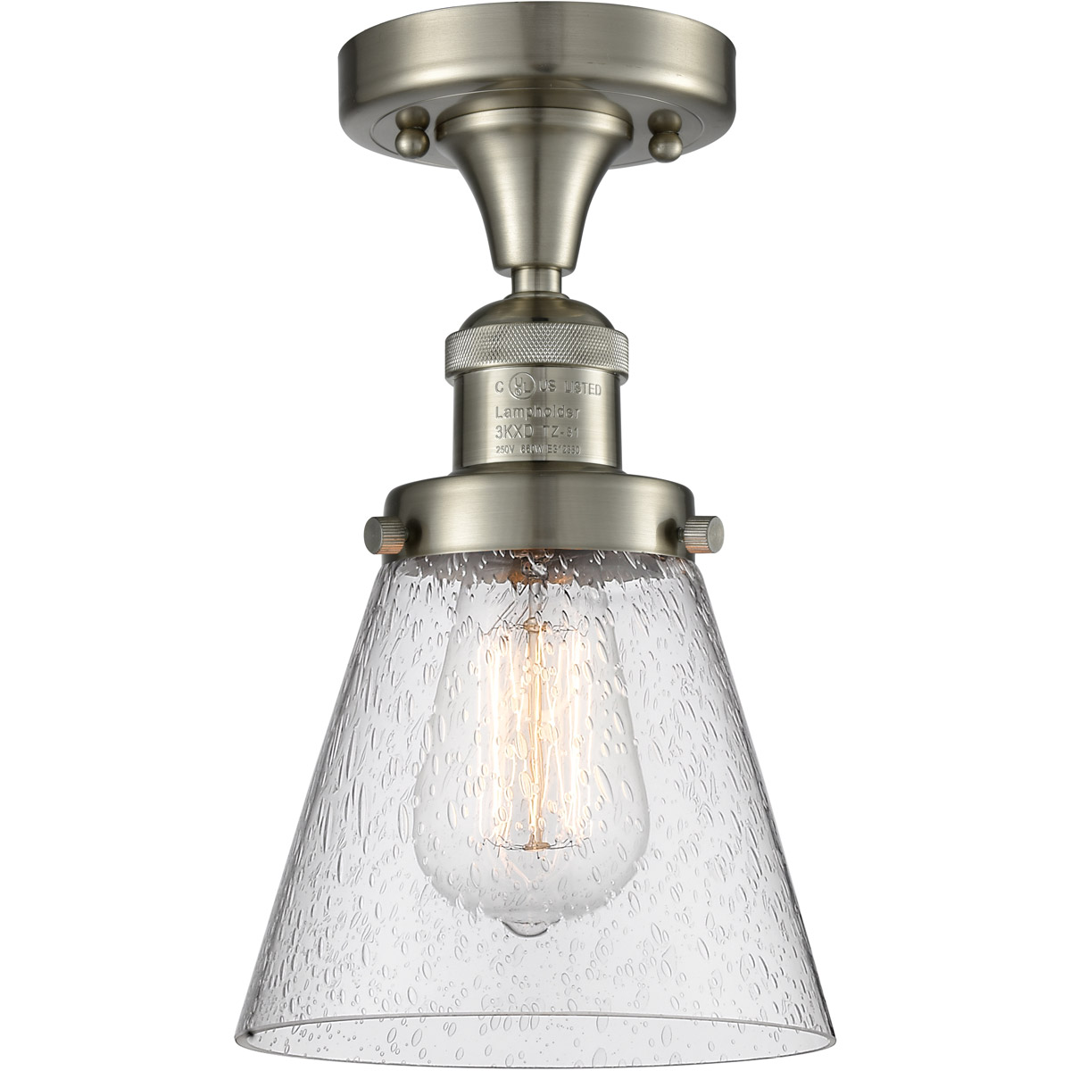 Franklin Restoration Small Cone LED 7 inch Brushed Satin Nickel Semi-Flush Mount Ceiling Light in Seedy Glass, Franklin Restoration