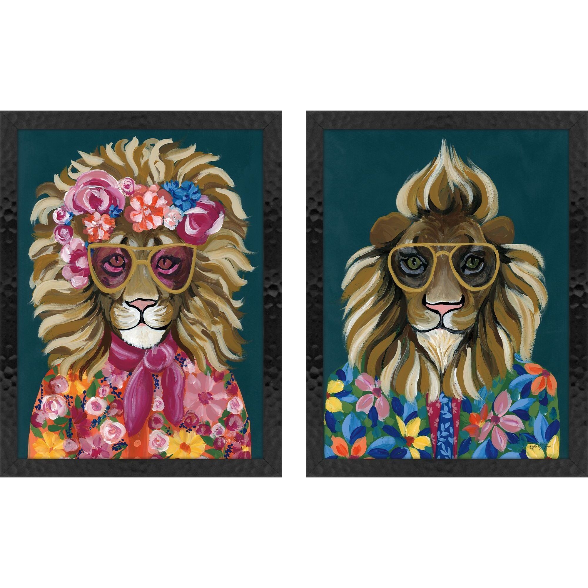 Miami Alpaca / Miami Giraffe / Miami Lion Blue and Pink and Yellow and Orange Framed Art, Propac
