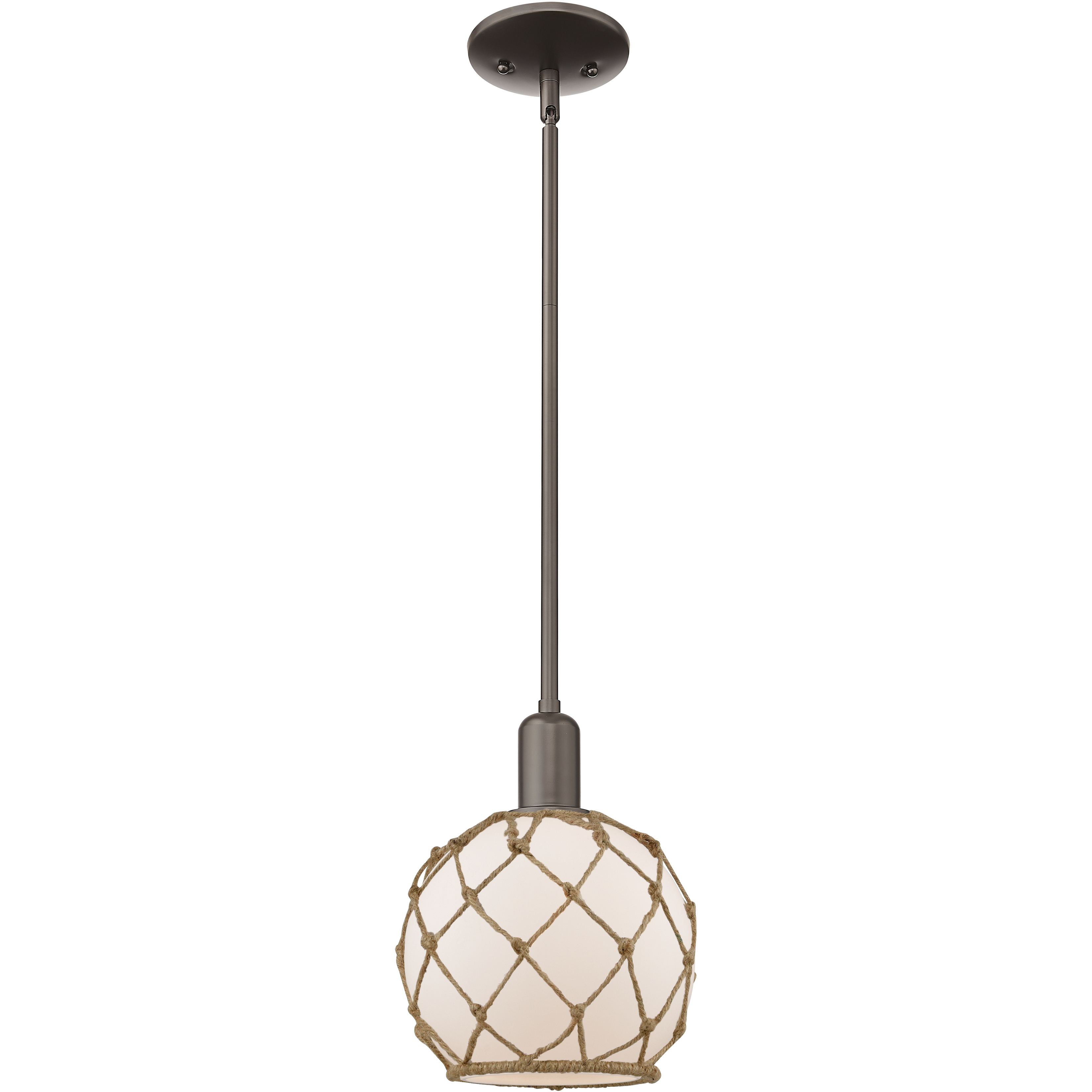 Arcadia Farmhouse Rope 1 Light 8 inch Oil Rubbed Bronze Mini Pendant Ceiling Light in White Glass with Brown Rope