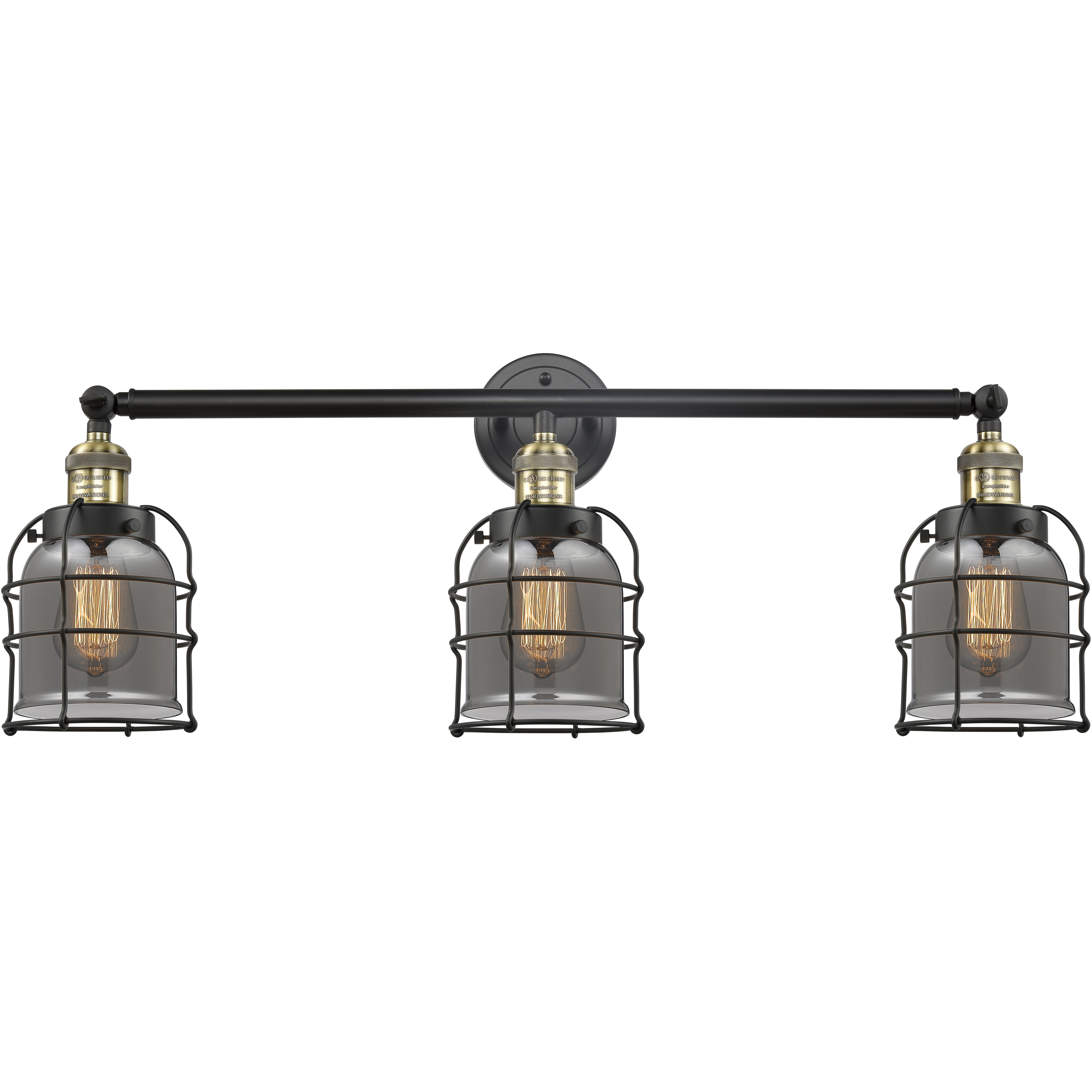 Franklin Restoration Small Bell Cage LED 31 inch Black Antique Brass Bath Vanity Light Wall Light in Plated Smoke Glass, Franklin Restoration