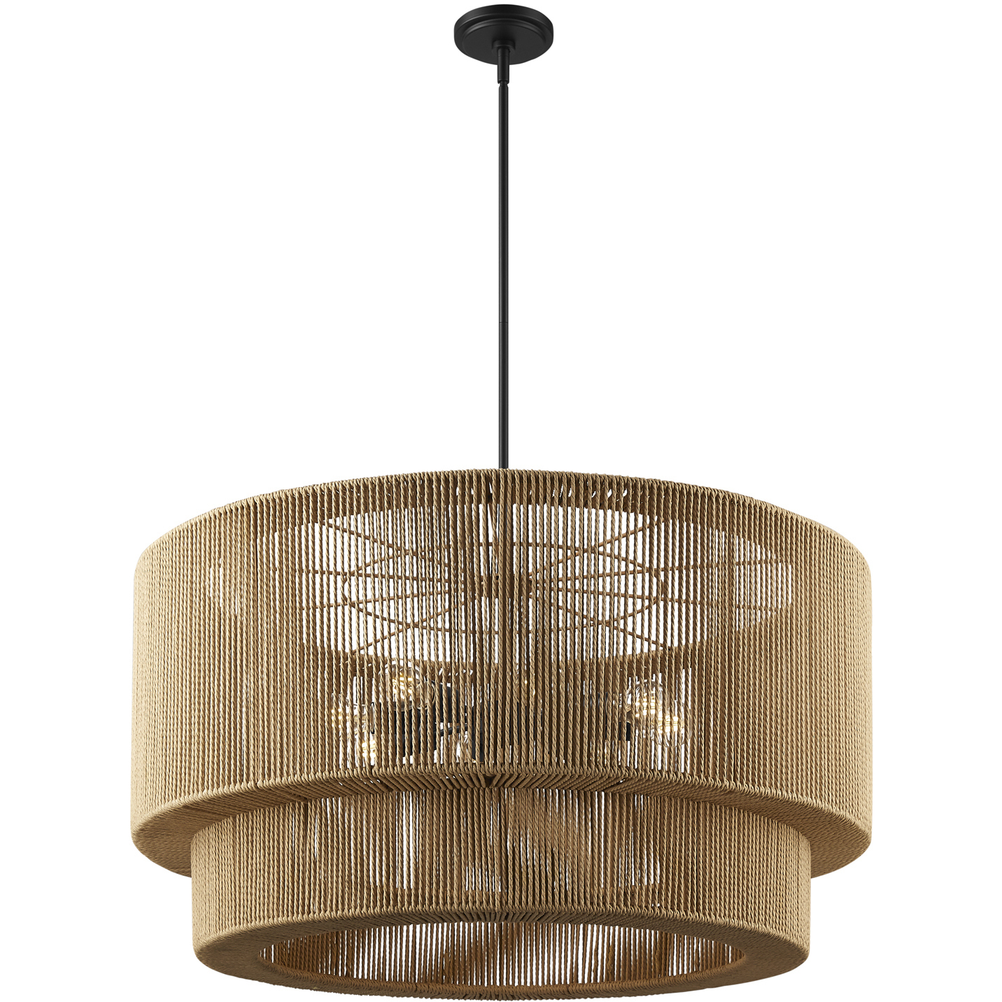 Eco Collection - Milos Family 8 Light 36 inch Matte Black and Natural Drum Pendant Ceiling Light in 36" D x 36" W x 18.75" H, EVOLV