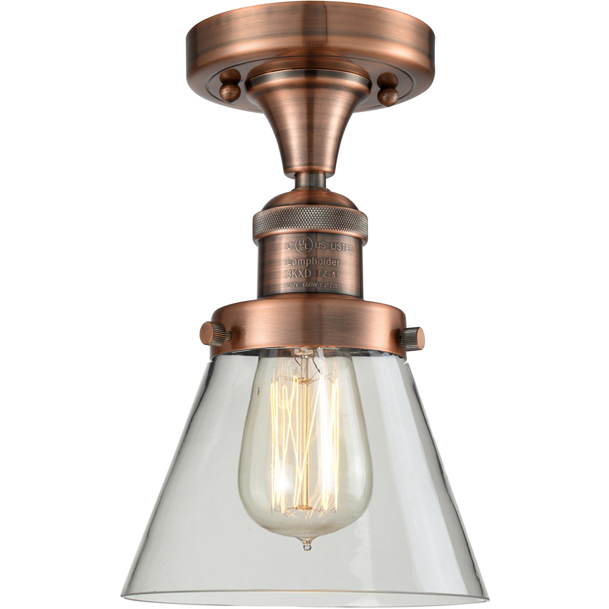 Franklin Restoration Small Cone LED 7 inch Antique Copper Semi-Flush Mount Ceiling Light in Clear Glass, Franklin Restoration