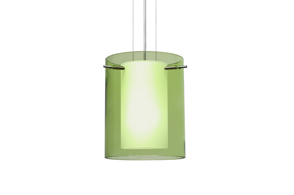 Pahu 1 Light Satin Nickel Pendant Ceiling Light in Transparent Olive/Opal Glass, Incandescent