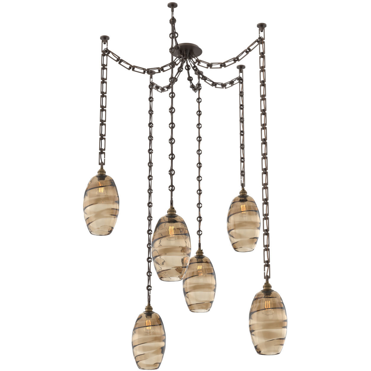 Ellisse 6 Light 15.5 inch Flat Bronze Swag Multi-Pendant Ceiling Light in Optic Rib Bronze, Rectangular Chain