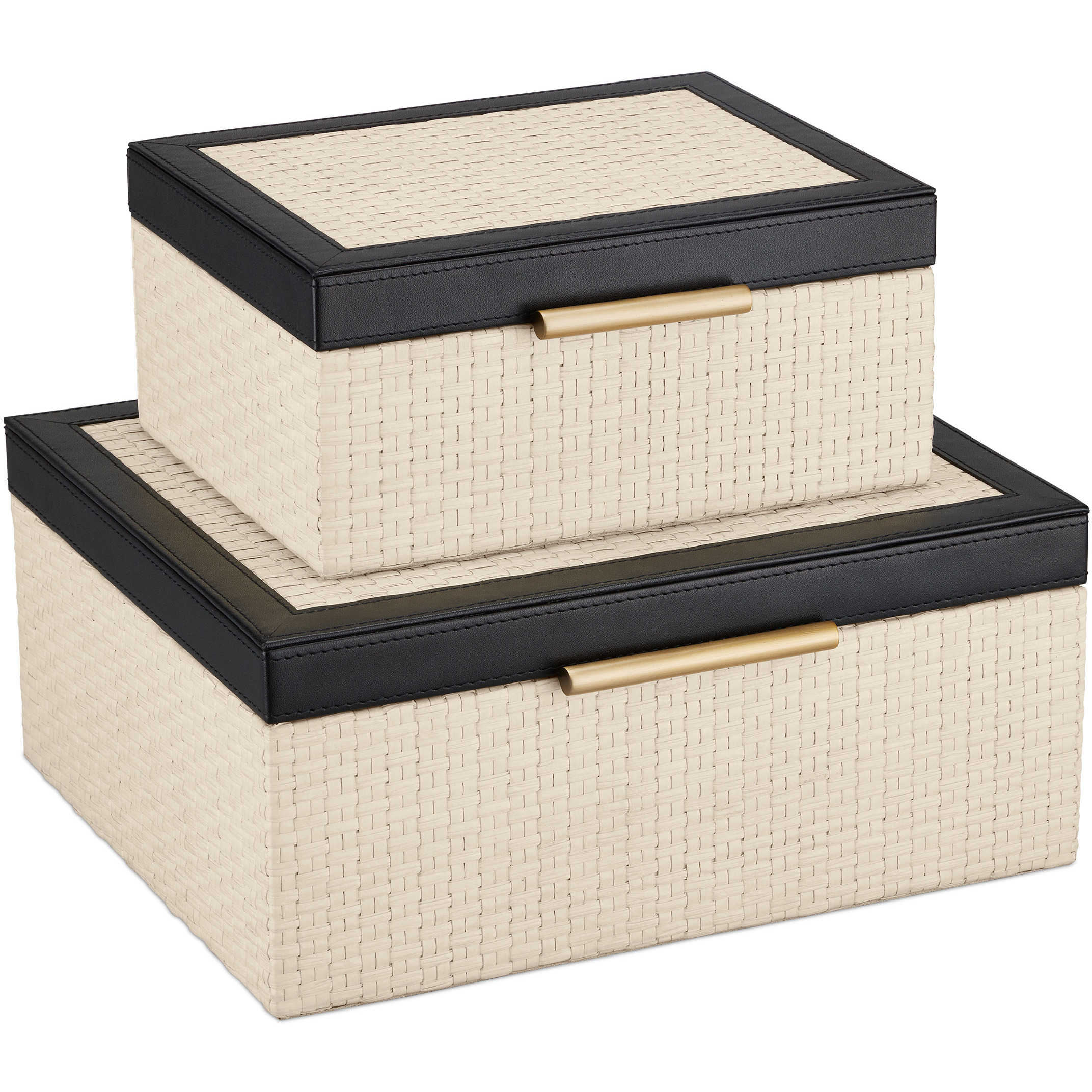 Deanna 9 inch Ivory and Black and Brushed Brass and Beige Boxes, Set of 2