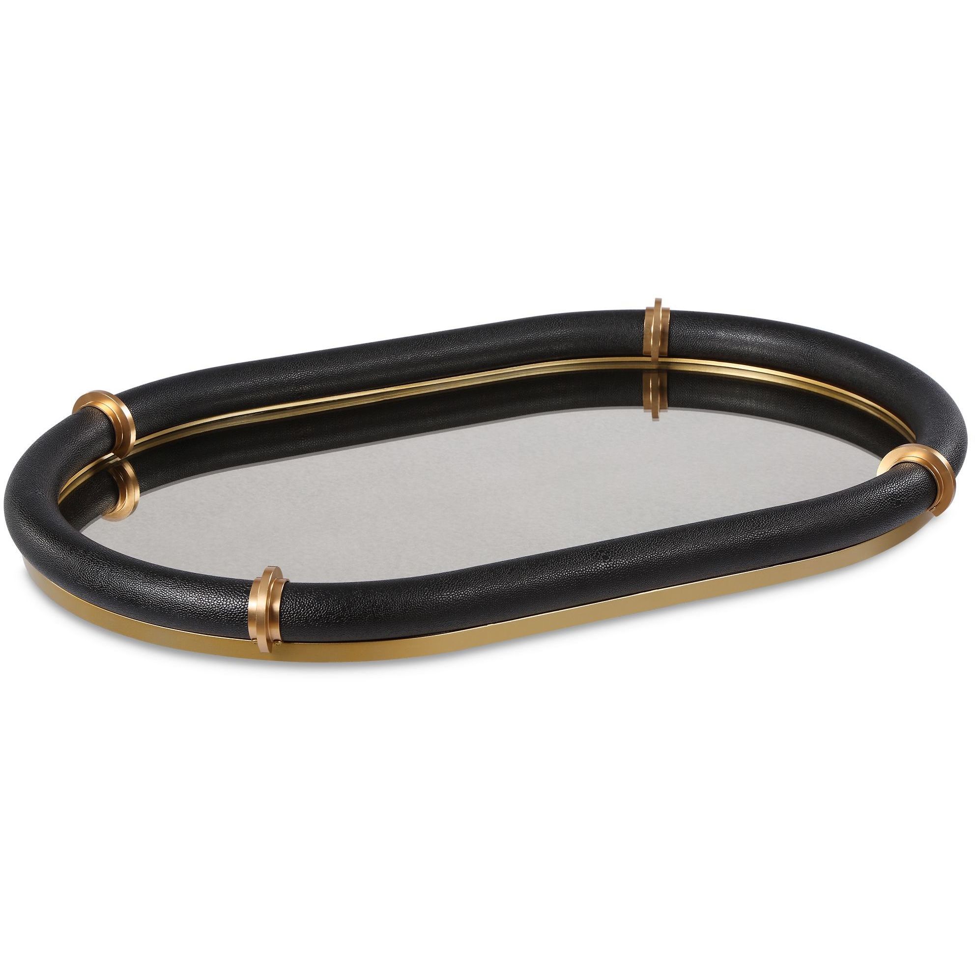 Cyprus Black Faux Shagreen Leather and Brass Tray