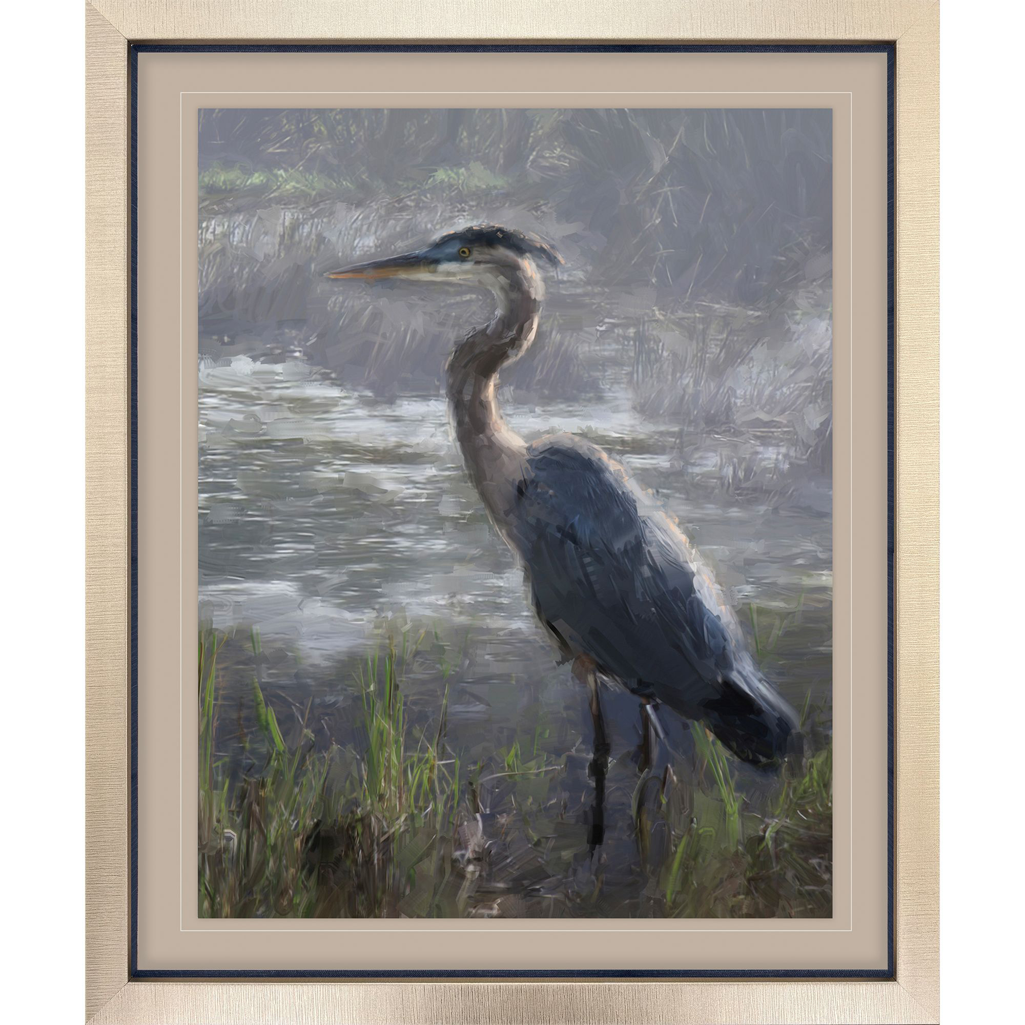 Heron at Guard II Blue and Green and Brown Framed Art
