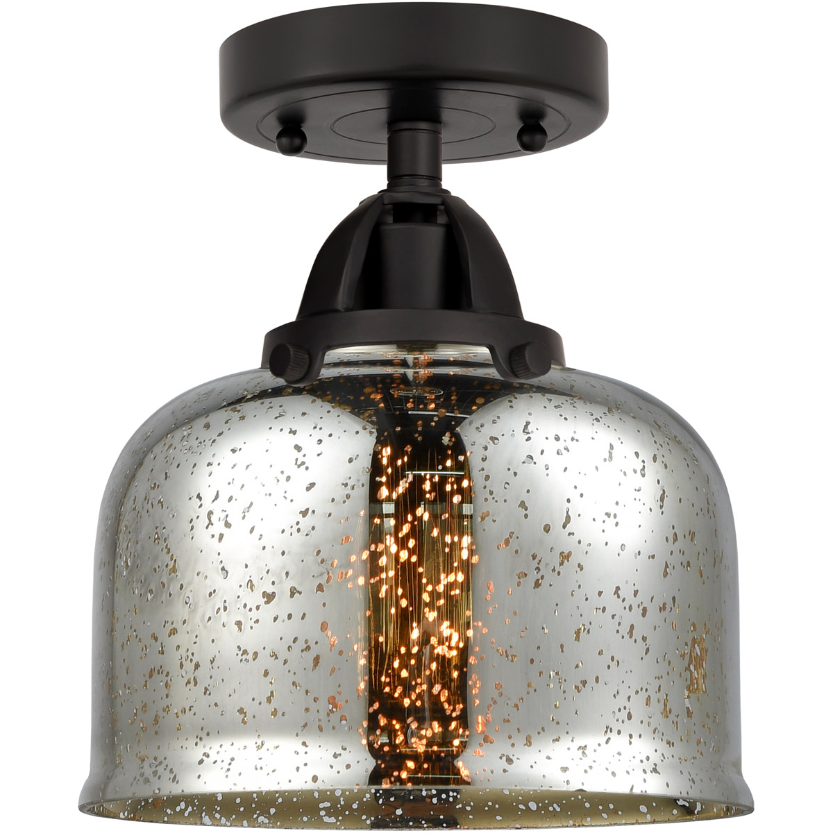 Nouveau 2 Large Bell 1 Light 8 inch Matte Black Semi-Flush Mount Ceiling Light in Silver Plated Mercury Glass