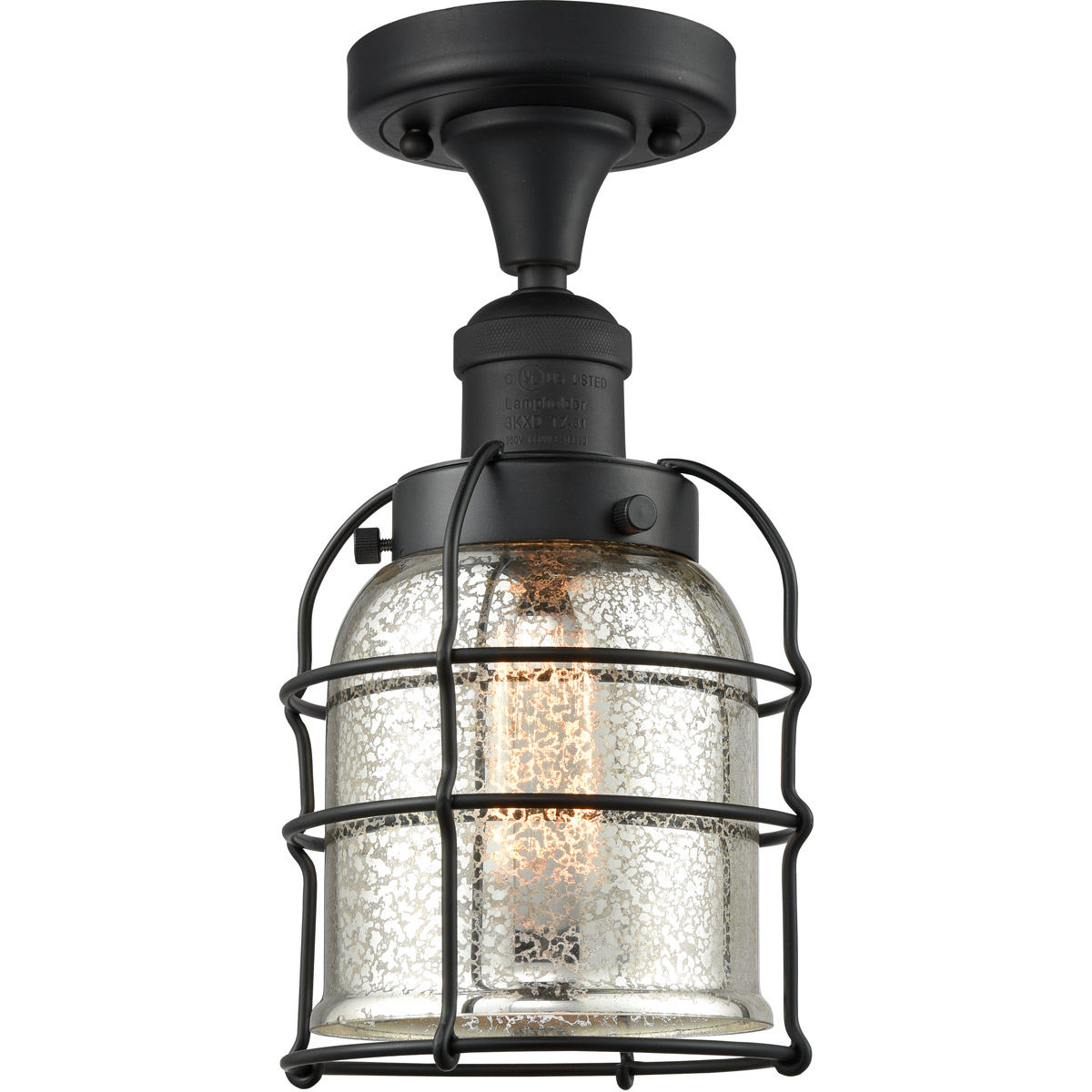 Franklin Restoration Small Bell Cage LED 5 inch Black Antique Brass Semi-Flush Mount Ceiling Light in Silver Plated Mercury Glass, Franklin Restoration