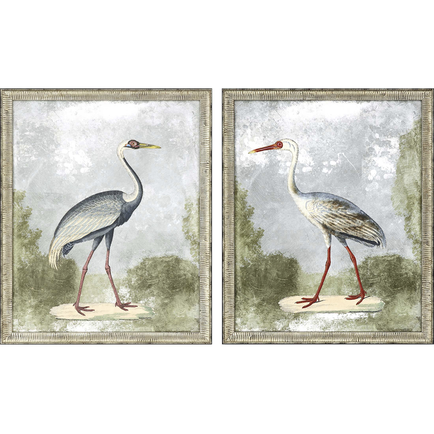 Cranes Blue and Green and Red and White Framed Art