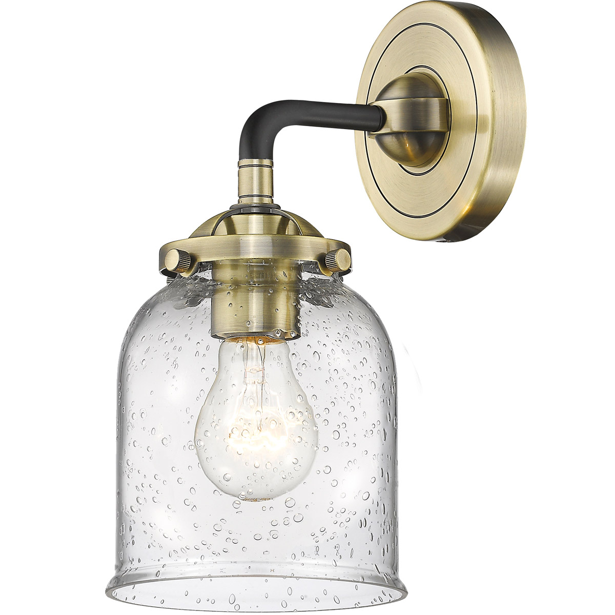 Nouveau Small Bell LED 5 inch Black Antique Brass Sconce Wall Light in Seedy Glass, Nouveau