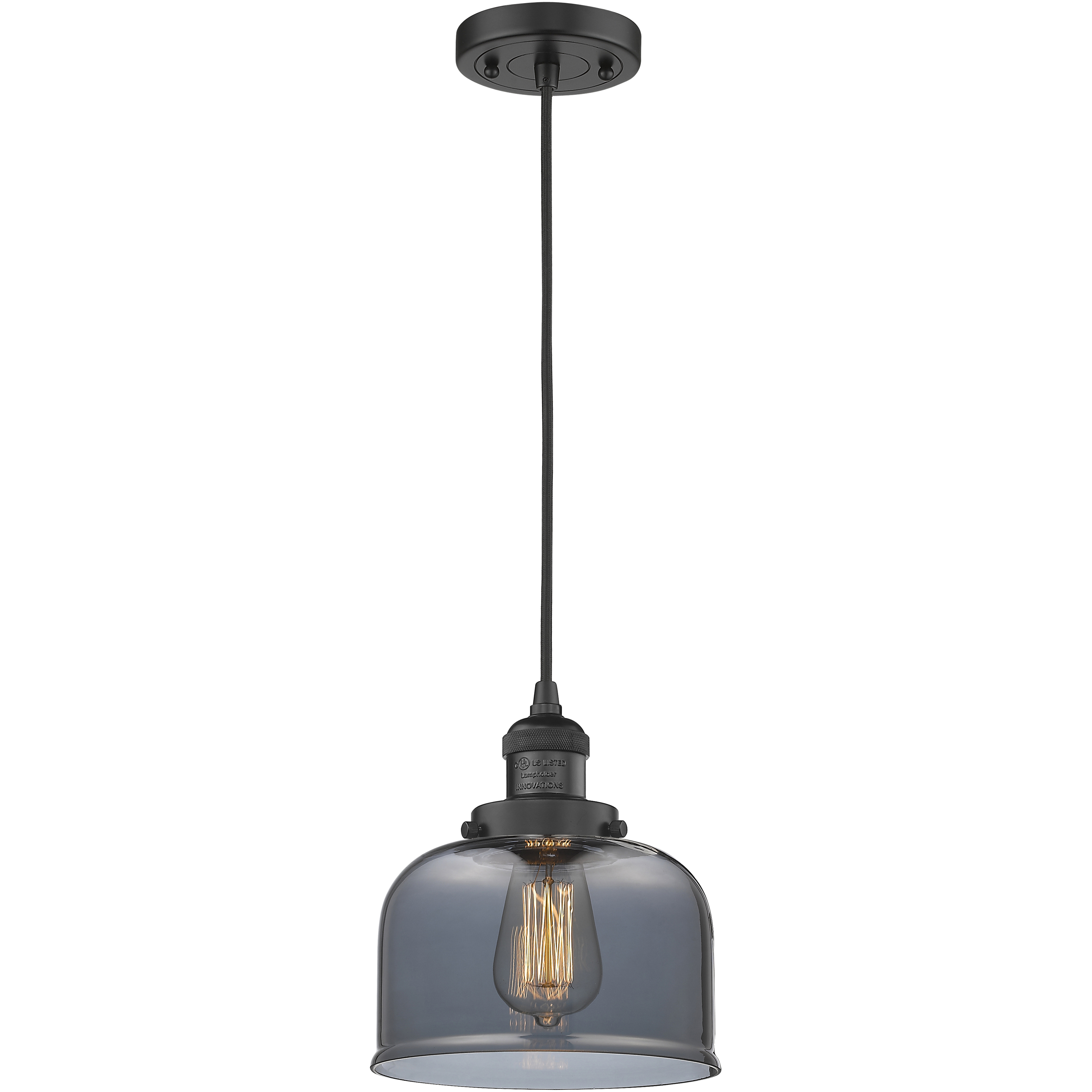 Franklin Restoration Bell 1 Light 8 inch Matte Black Mini Pendant Ceiling Light in Bulb Not Included, Light Smoke Glass, Franklin Restoration
