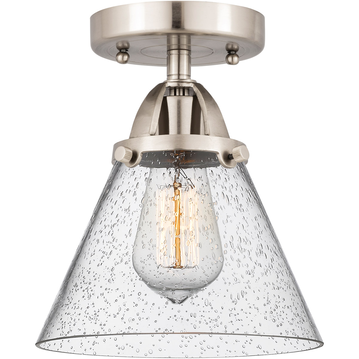 Nouveau 2 Large Cone 1 Light 8 inch Brushed Satin Nickel Semi-Flush Mount Ceiling Light in Seedy Glass
