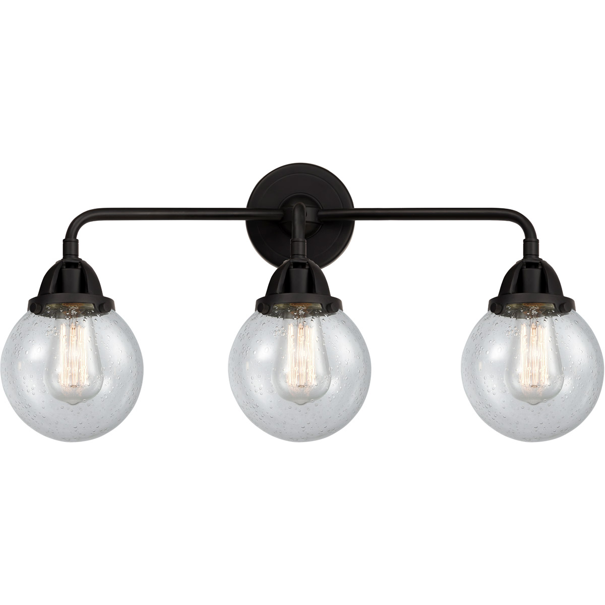 Nouveau 2 Beacon 3 Light 24 inch Matte Black Bath Vanity Light Wall Light in Seedy Glass