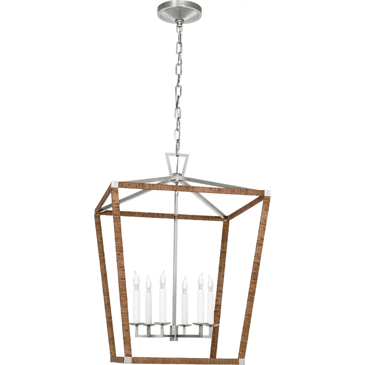 Chapman & Myers Darlana5 LED 24 inch Polished Nickel and Natural Rattan Wrapped Lantern Pendant Ceiling Light, Large
