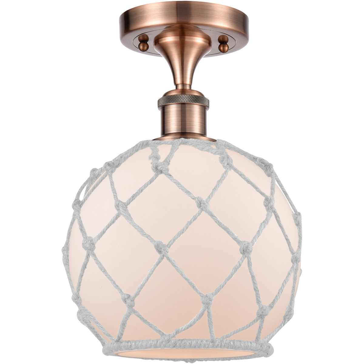 Ballston Farmhouse Rope 1 Light 8 inch Antique Copper Semi-Flush Mount Ceiling Light in White Glass with White Rope, Ballston