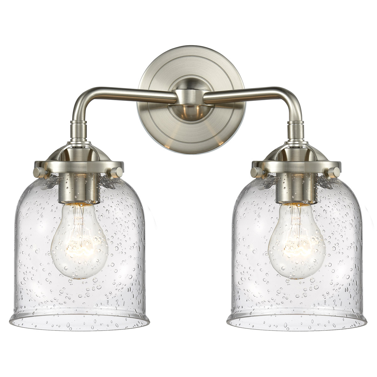 Nouveau Small Bell 2 Light 13 inch Brushed Satin Nickel Bath Vanity Light Wall Light in Seedy Glass, Nouveau