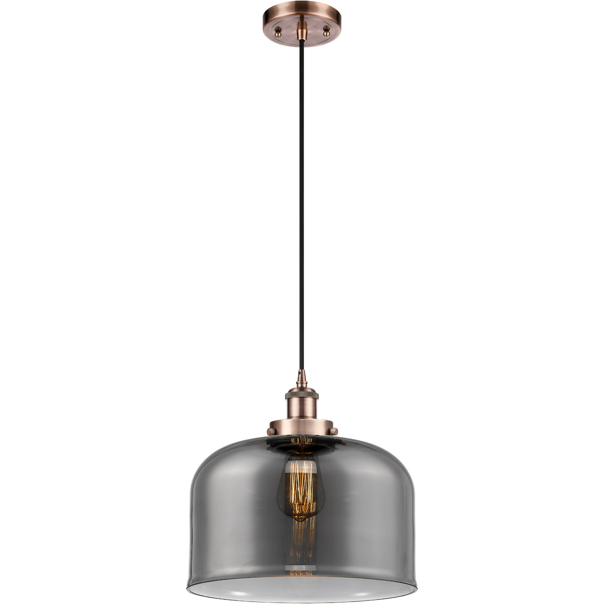 Ballston X-Large Bell 1 Light 12 inch Antique Copper Mini Pendant Ceiling Light in Black Textured, Light Smoke Glass