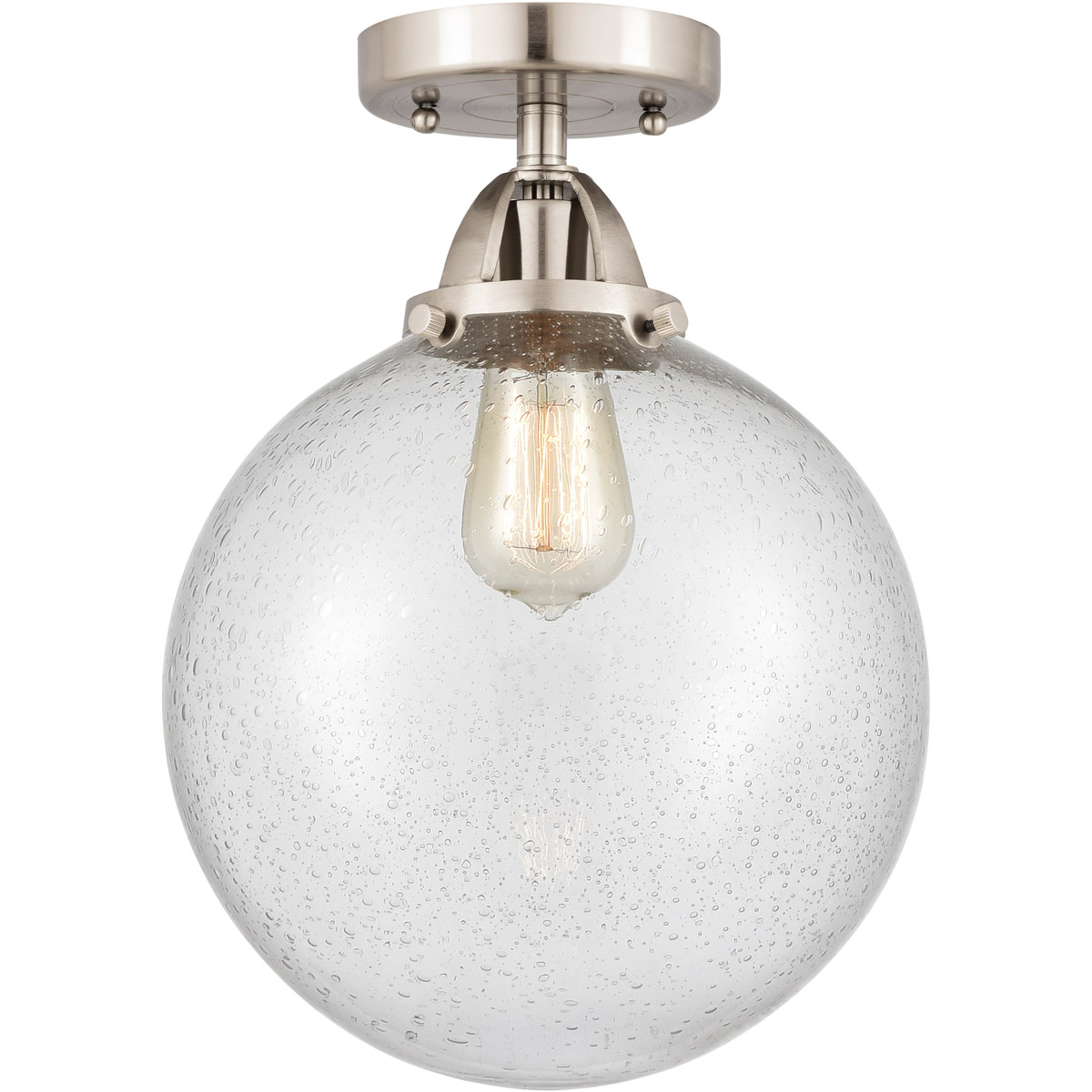Nouveau 2 Beacon LED 10 inch Brushed Satin Nickel Semi-Flush Mount Ceiling Light in Seedy Glass