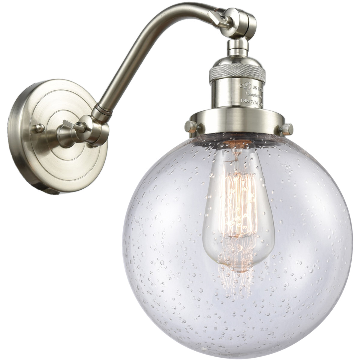 Franklin Restoration Large Beacon LED 8 inch Brushed Satin Nickel Sconce Wall Light in Seedy Glass, Franklin Restoration
