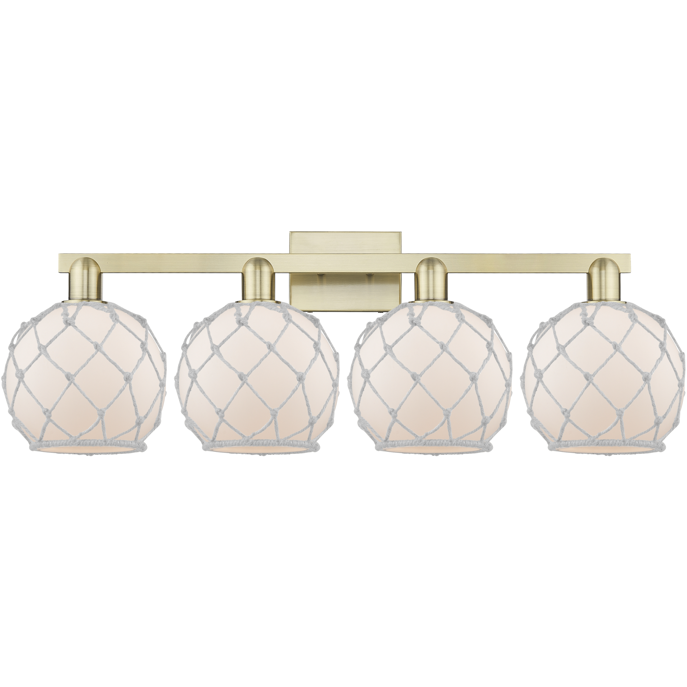 Arcadia Farmhouse Rope 4 Light 35 inch Antique Brass Bath Vanity Light Wall Light in White Glass with White Rope