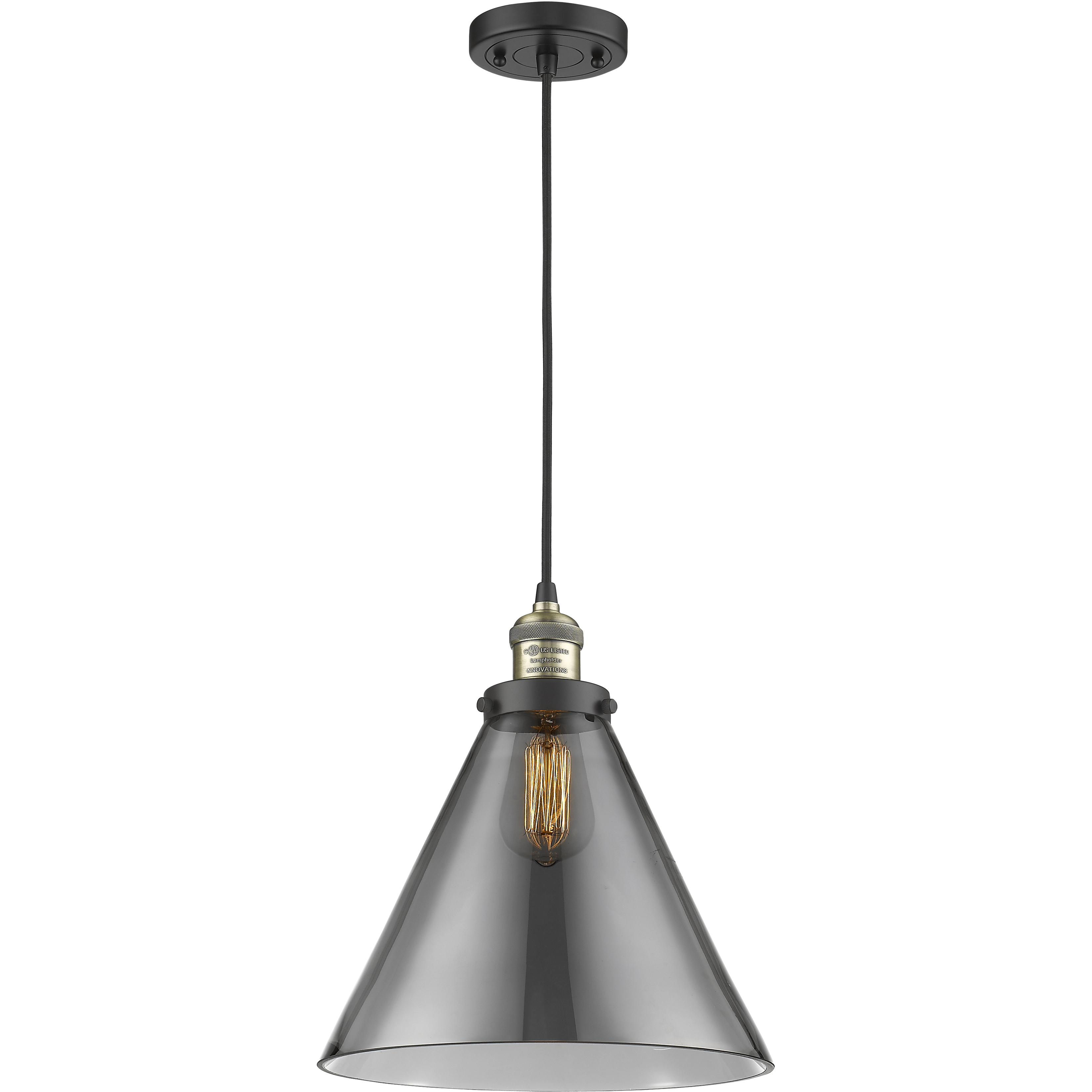 Franklin Restoration Cone LED 12 inch Black Antique Brass Mini Pendant Ceiling Light in Light Smoke Glass, Franklin Restoration