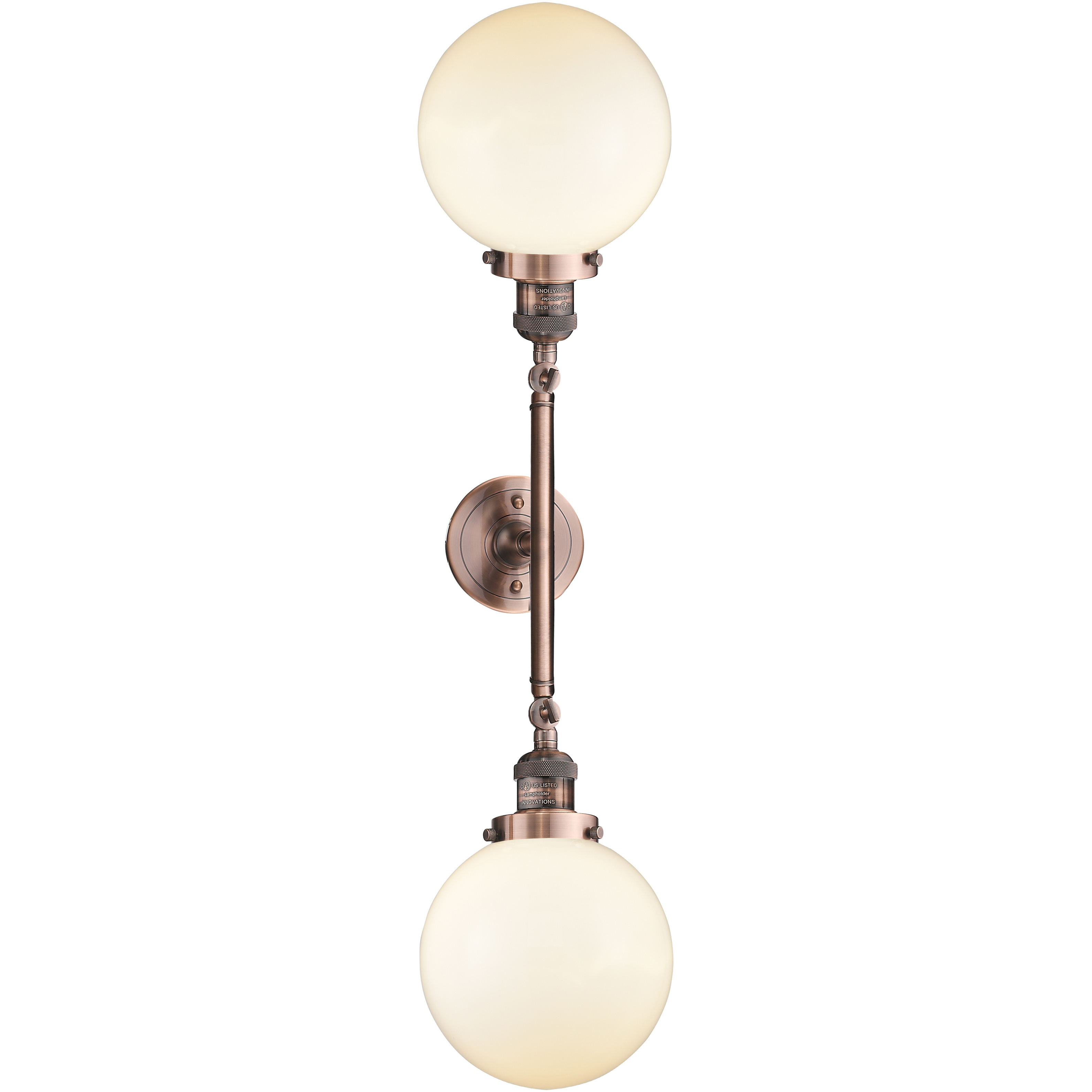 Franklin Restoration Large Beacon 2 Light 19 inch Antique Copper Bath Vanity Light Wall Light in Matte White Glass, Franklin Restoration
