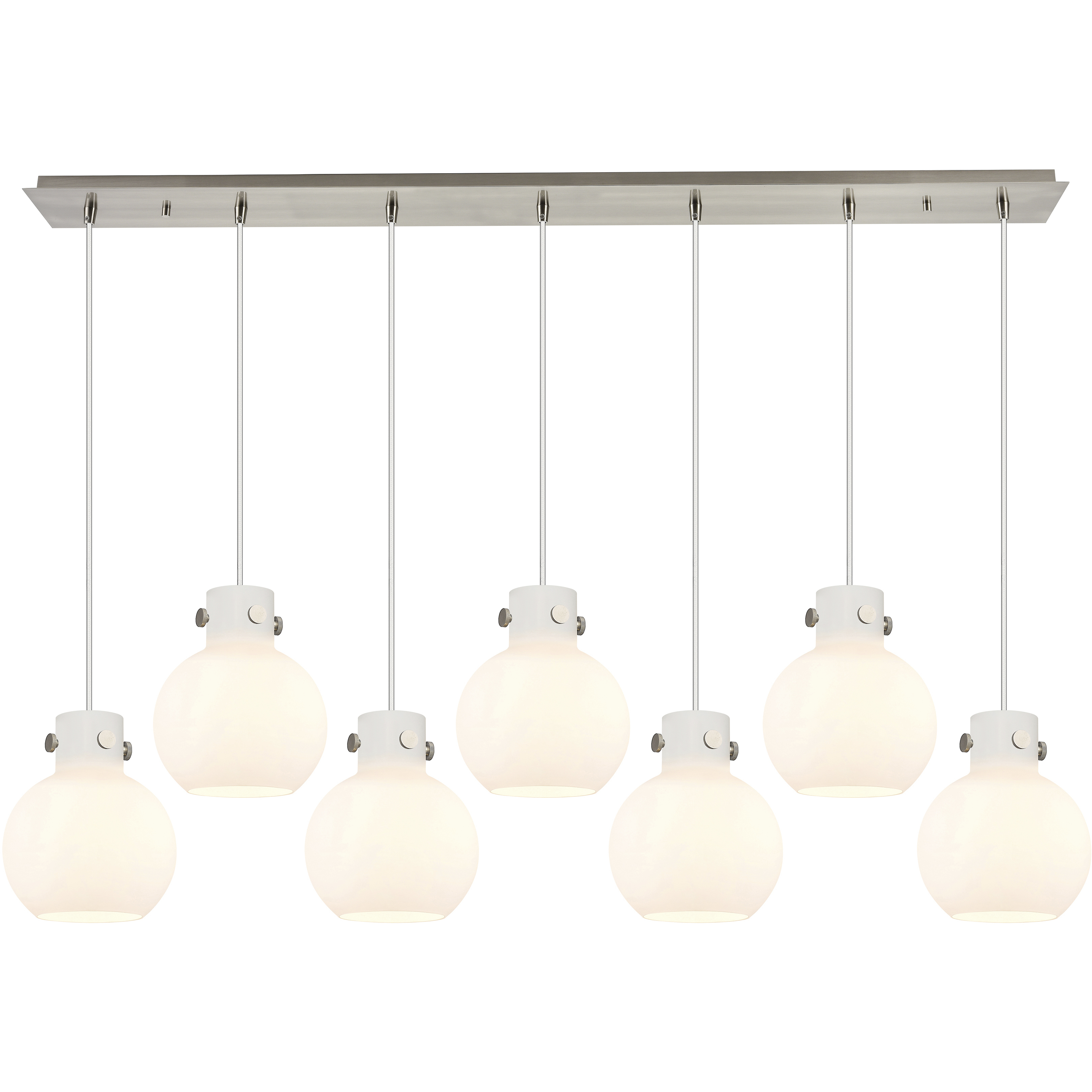 Newton Sphere 7 Light 51.75 inch Brushed Satin Nickel Linear Pendant Ceiling Light in White Glass