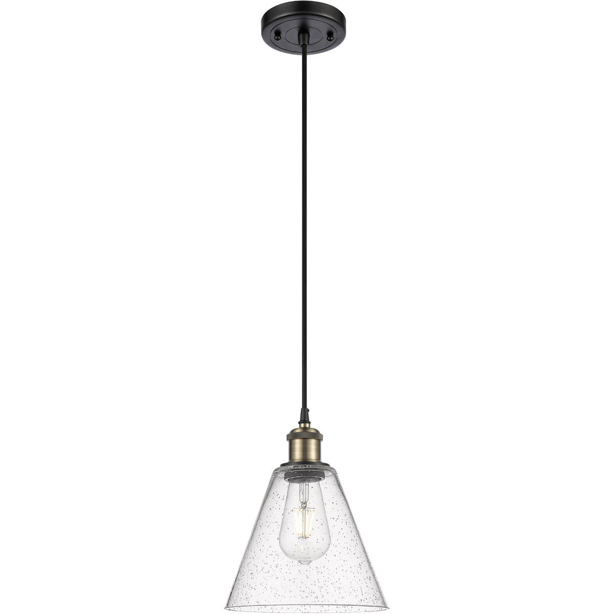 Ballston Cone LED 8 inch Black Antique Brass Mini Pendant Ceiling Light in Seedy Glass, Black Textured