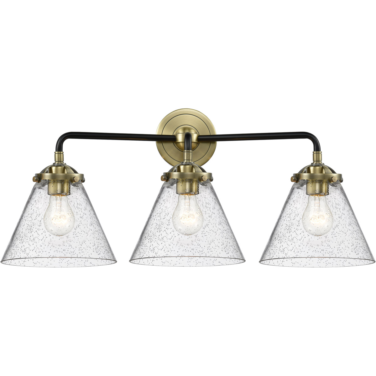 Nouveau Large Cone 3 Light 26 inch Black Antique Brass Bath Vanity Light Wall Light in Seedy Glass, Nouveau