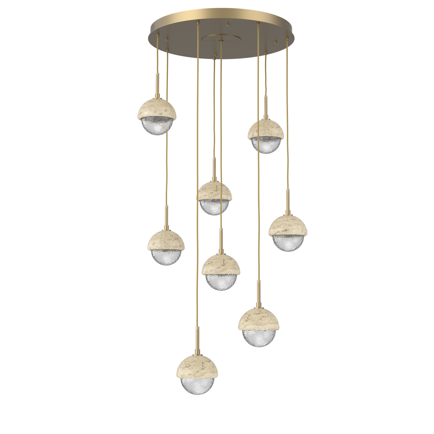 Cabochon LED Gilded Brass with Travertine Stone Pendant Chandelier Ceiling Light in Clear, 2700K LED