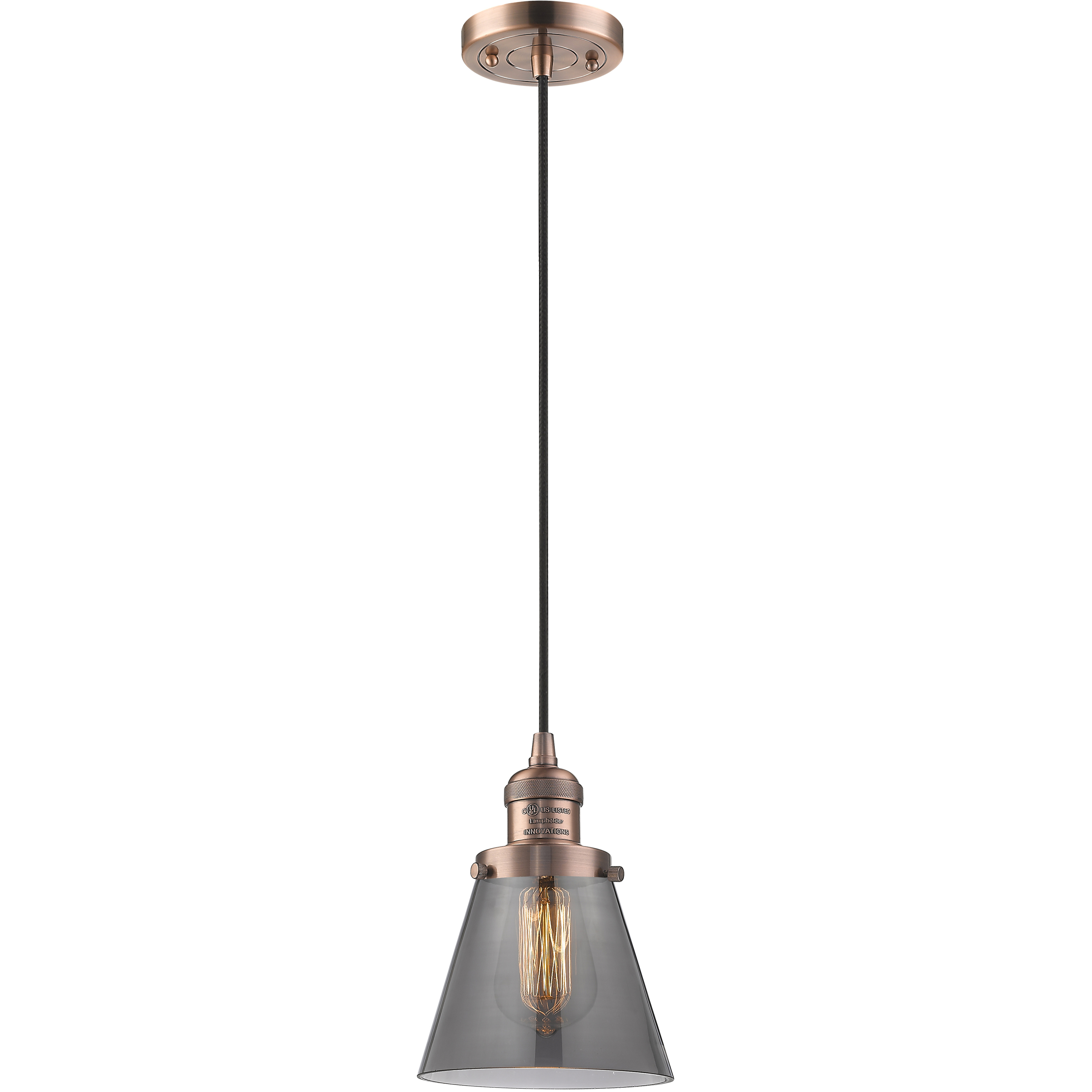 Franklin Restoration Cone 1 Light 6 inch Antique Copper Mini Pendant Ceiling Light in Bulb Not Included, Light Smoke Glass, Franklin Restoration