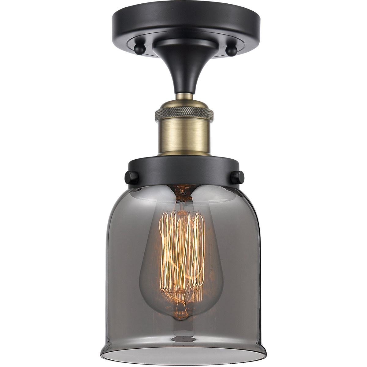 Ballston Small Bell LED 5 inch Black Antique Brass Semi-Flush Mount Ceiling Light in Plated Smoke Glass