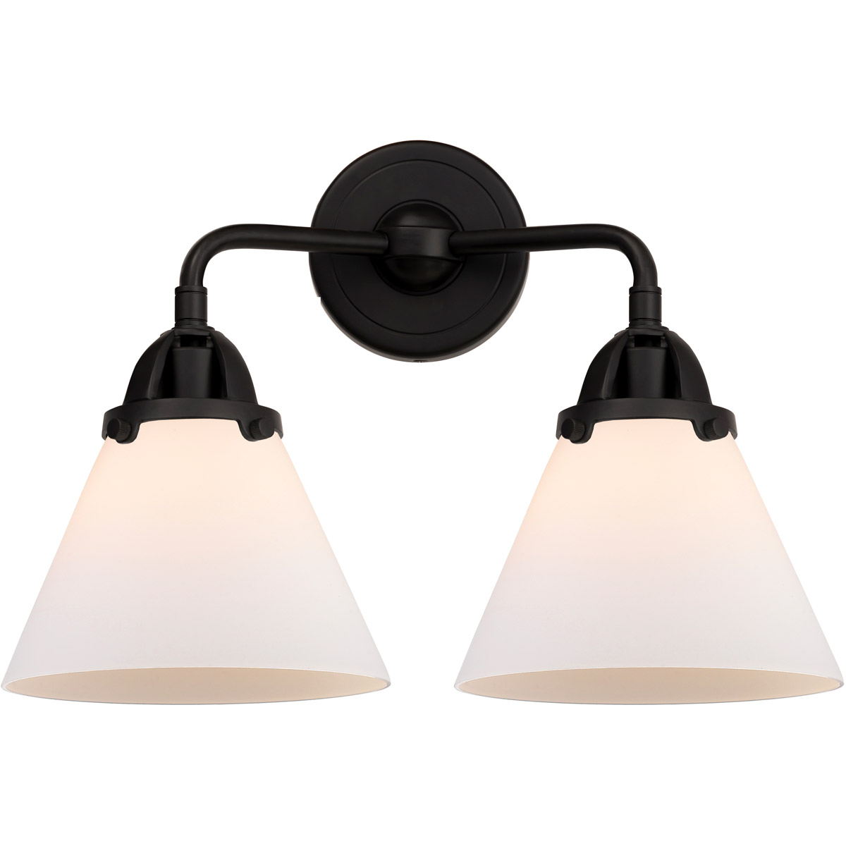 Nouveau 2 Large Cone 2 Light 16 inch Matte Black Bath Vanity Light Wall Light in Matte White Glass