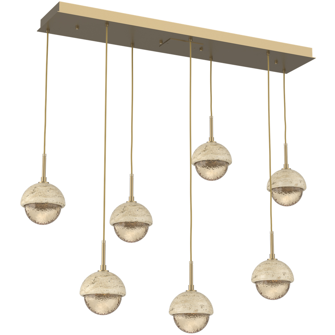 Cabochon LED 46.1 inch Gilded Brass with Travertine Stone Linear Multi-Pendant Ceiling Light in 3000K LED, Amber