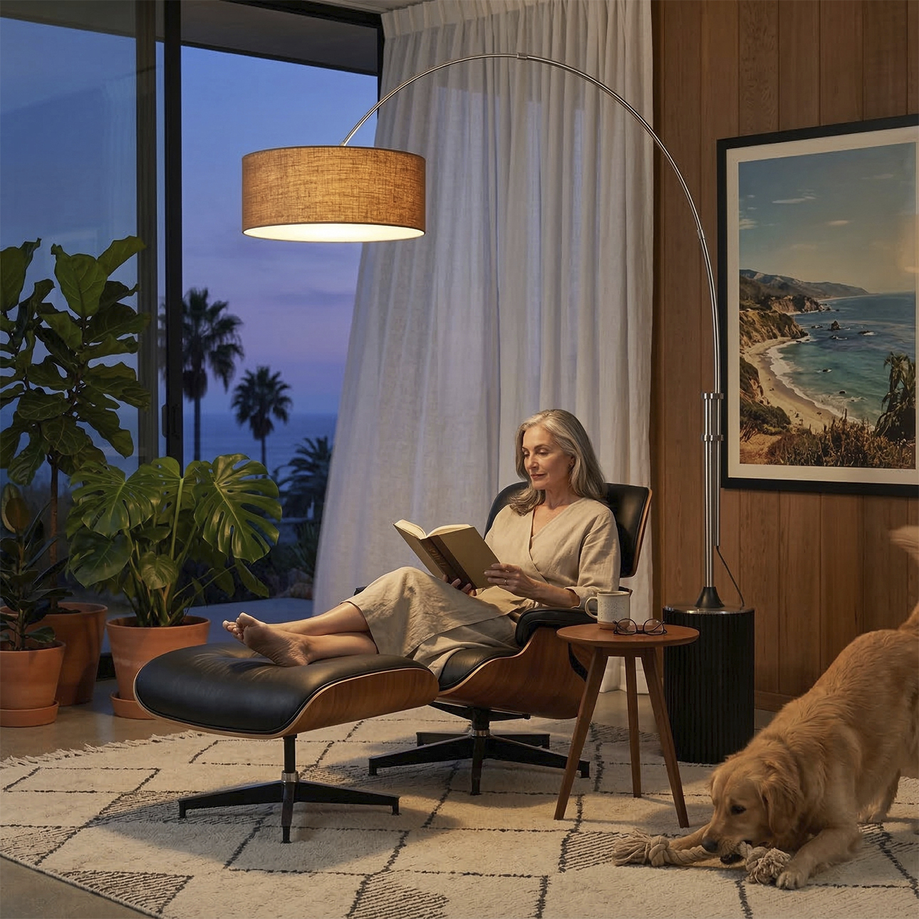 Tambo 92 inch 9 watt Satin Nickel and Black Oak Arc Floor Lamp Portable Light in Burlap Linen