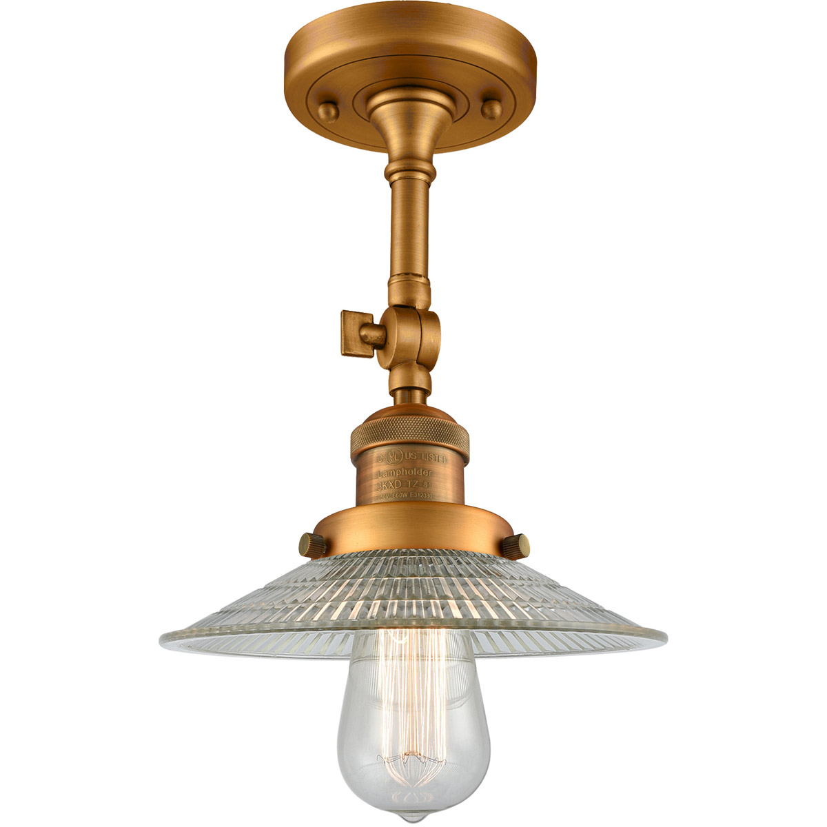 Franklin Restoration Halophane LED 9 inch Brushed Brass Semi-Flush Mount Ceiling Light in Clear Halophane Glass, Franklin Restoration