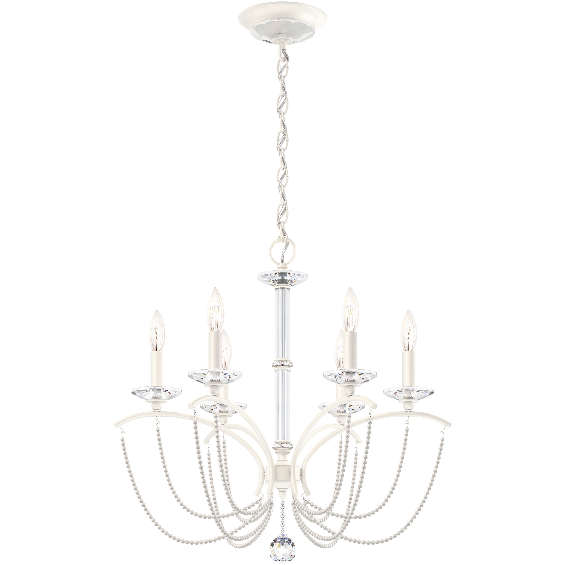 Priscilla 6 Light White Chandelier Ceiling Light in White Pearl, Adjustable Height