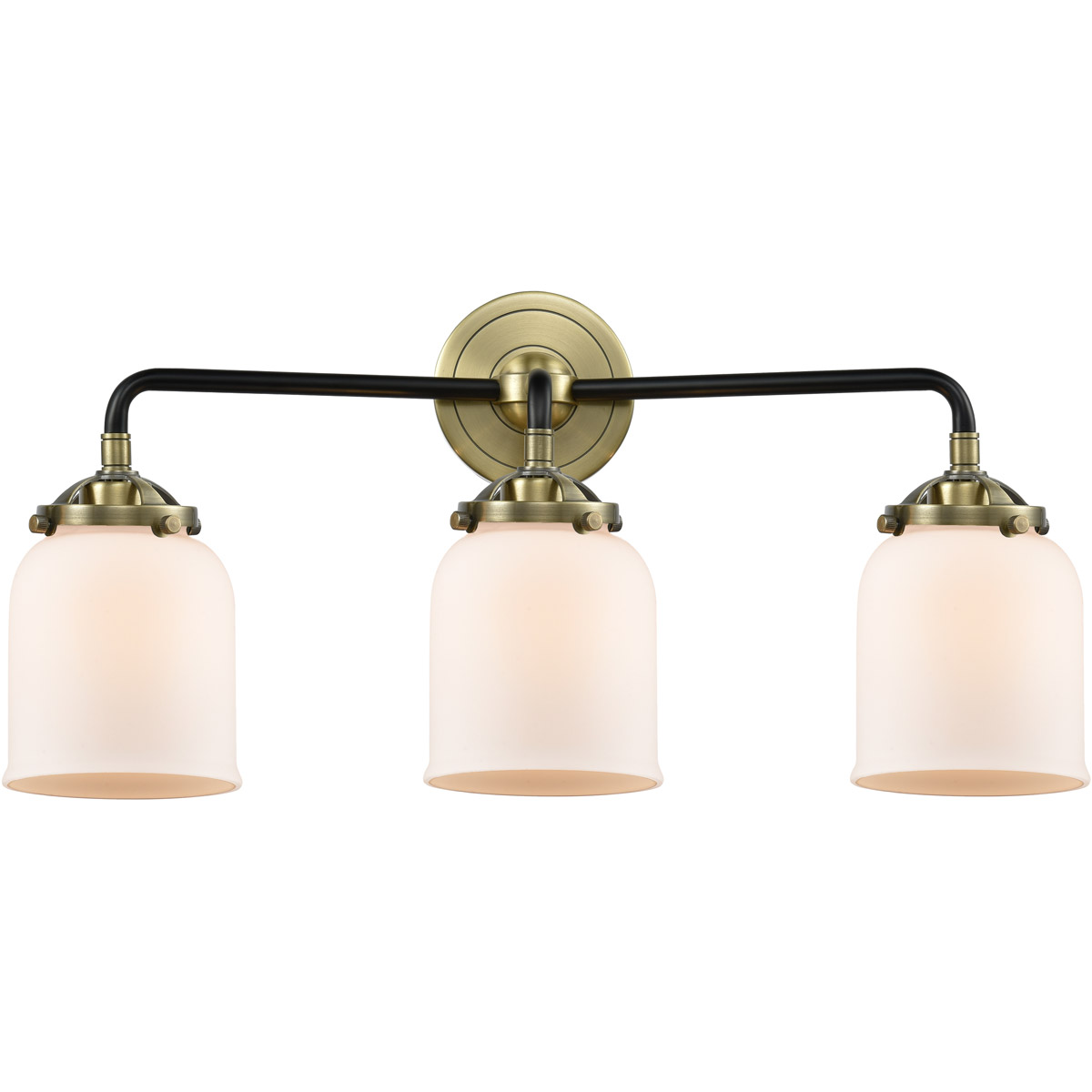 Nouveau Small Bell 3 Light 23 inch Black Antique Brass Bath Vanity Light Wall Light in Matte White Glass, Nouveau