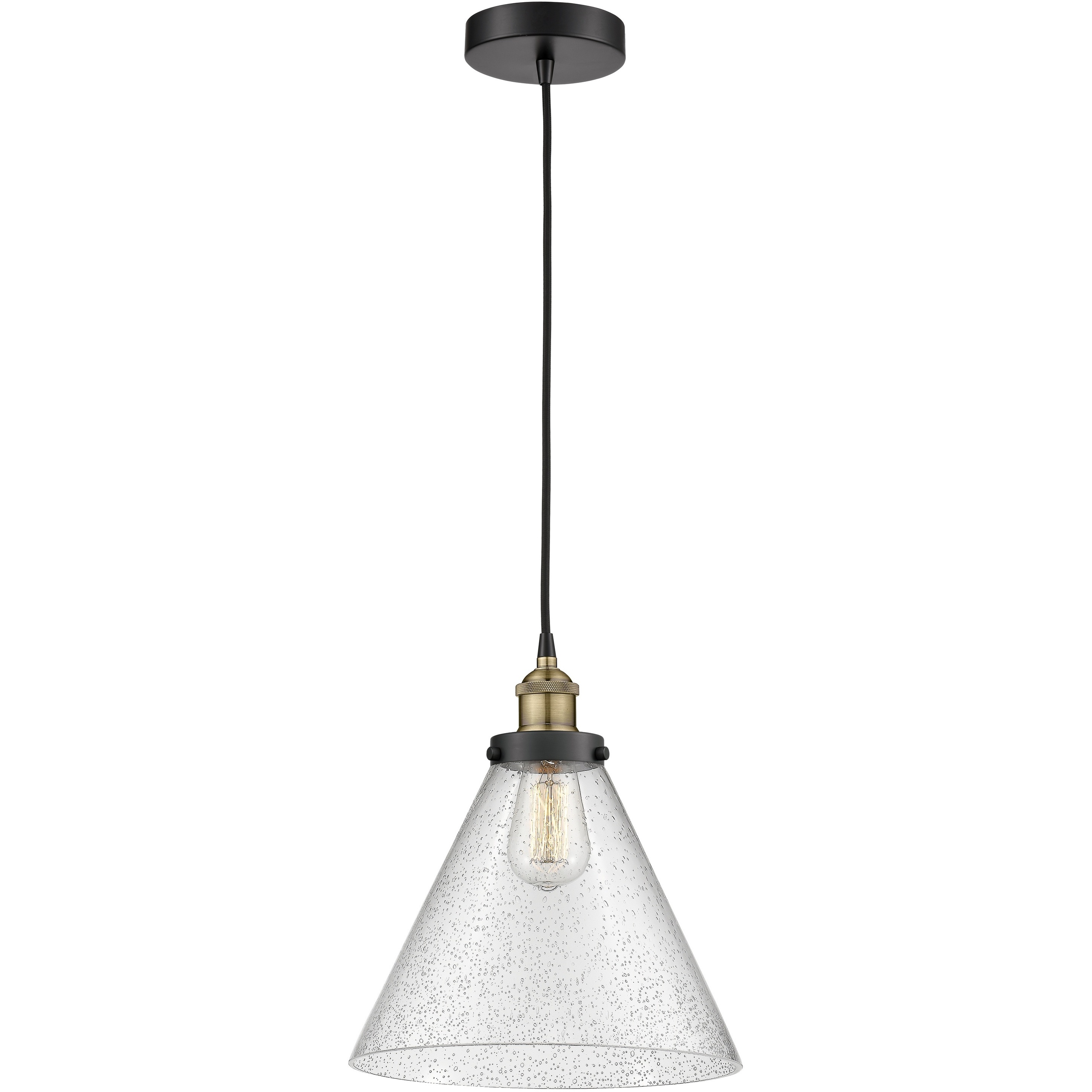 Cone 1 Light 12 inch Black Antique Brass Mini Pendant Ceiling Light in Seedy Glass