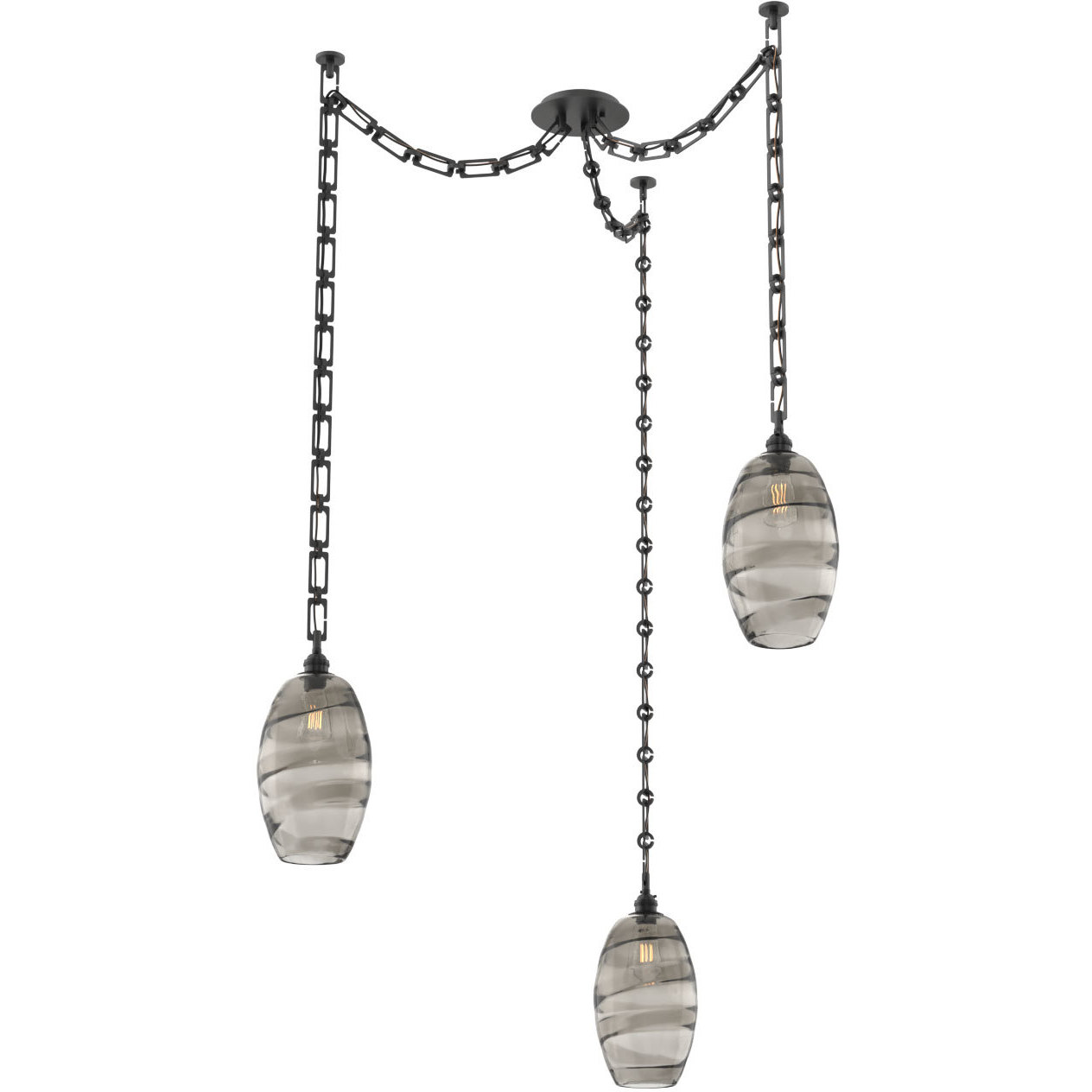 Ellisse 3 Light 15.5 inch Matte Black Swag Multi-Pendant Ceiling Light in Optic Rib Smoke, Rectangular Chain