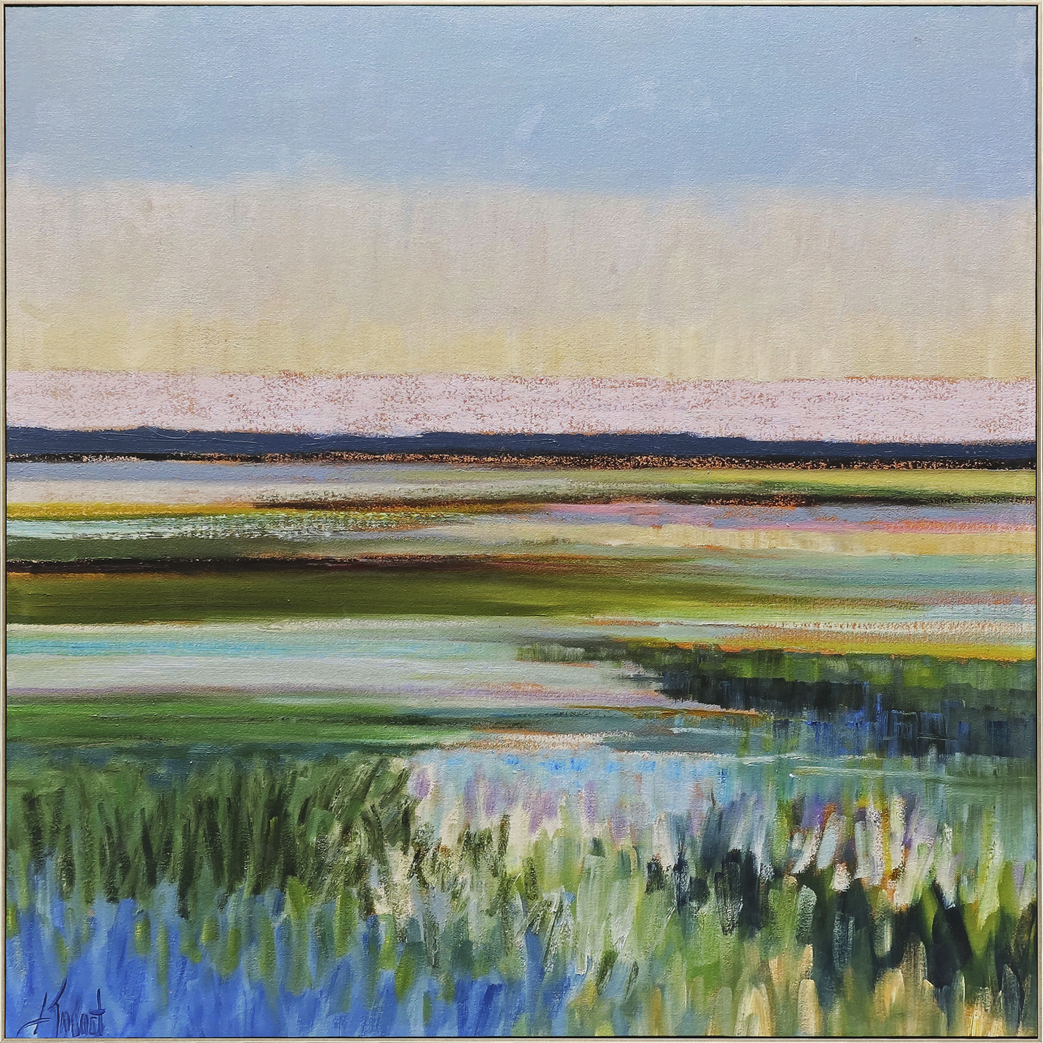 Waterside Blue and Green and Pink and Yellow Framed Art